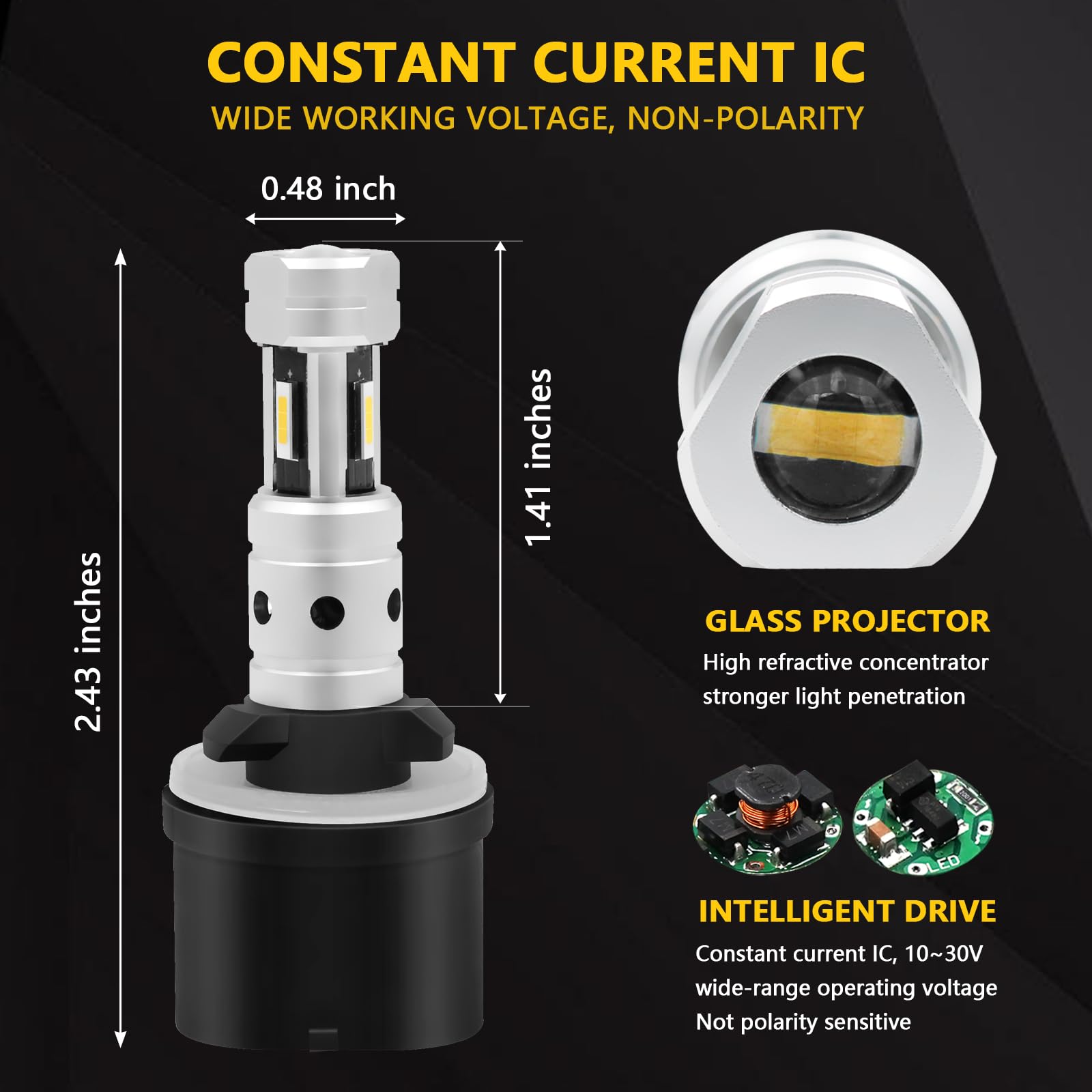 PHINLION 880 LED Fog Light Bulbs, 3800 Lumens, Non-polarity, 3000K Golden Yellow, Pack of 2