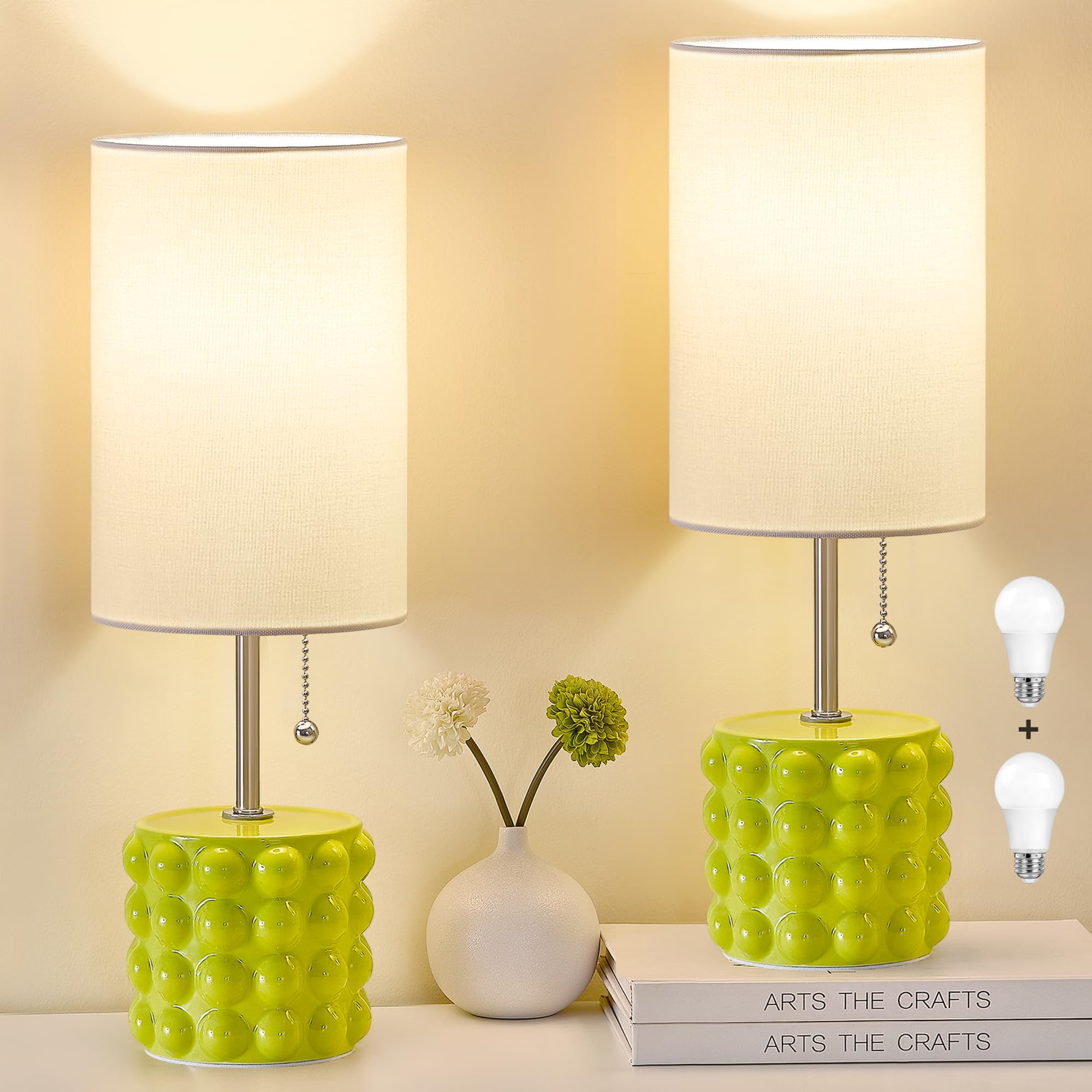 GyroVu Table Lamp Set of 2, Modern Pull Chain Nightstand Lamps, Green Fabric Shade, Small Size for Bedroom, Living Room, Office