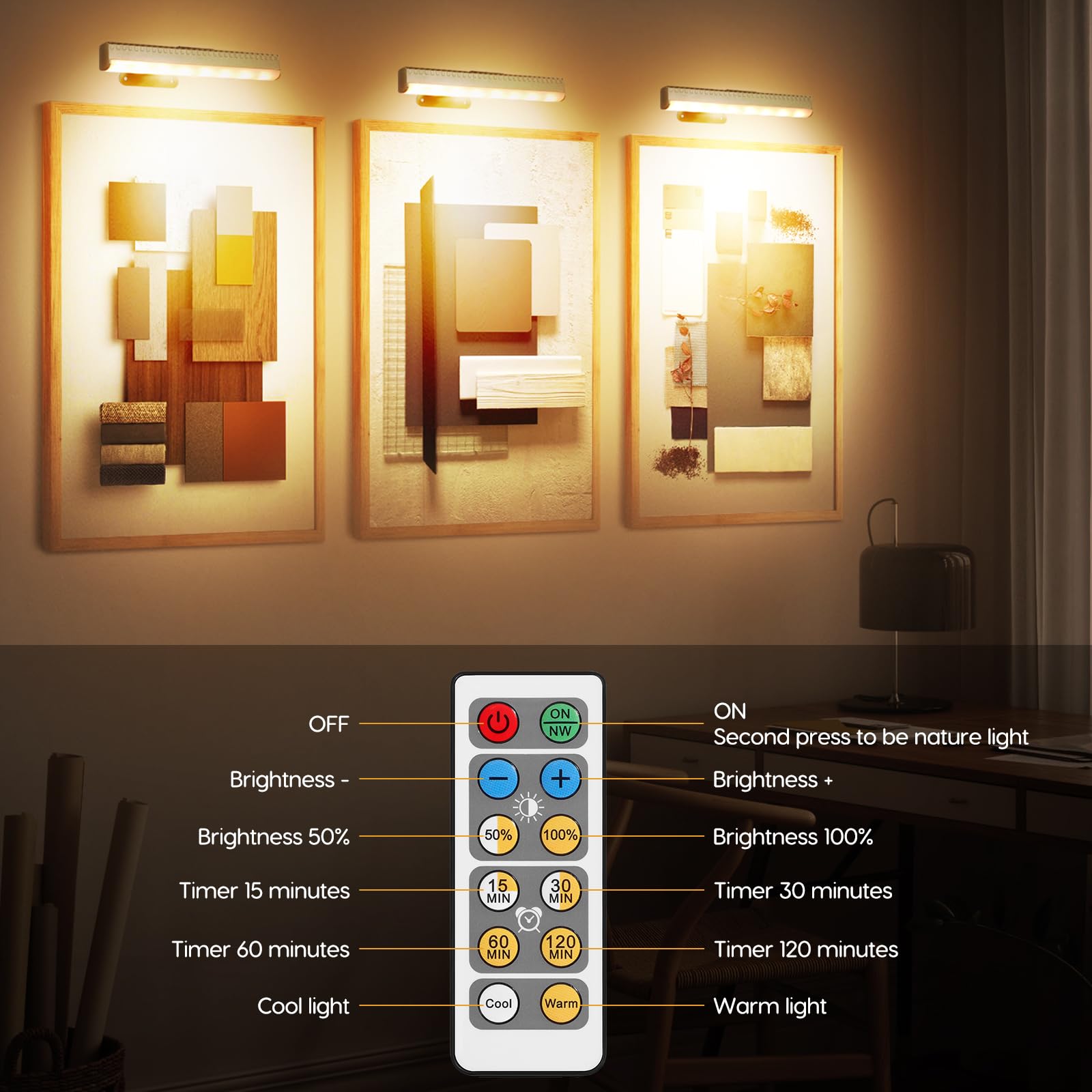 Wireless Wall Picture Light For Artwork With Remote  Display discomfort-reducingting Light With 3 Colors Of Warm/Nature/Cool Lighting Dimmable Timer Battery Led For Accent Display Puck Closet Gallery Portrait Home