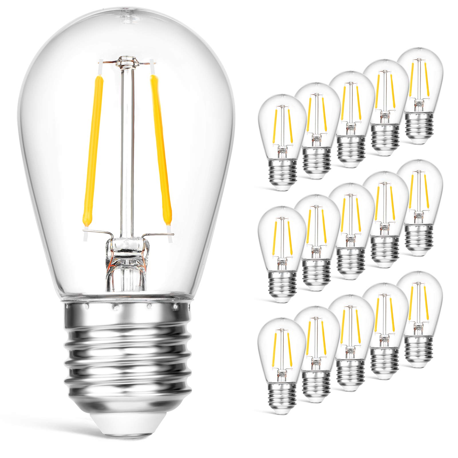 Visterlite 15 Pack Dimmable Shatterproof S14 Led Replacement Outdoor String Light Bulbs, 2700K 2W Plastic Led E26 Medium Screw B