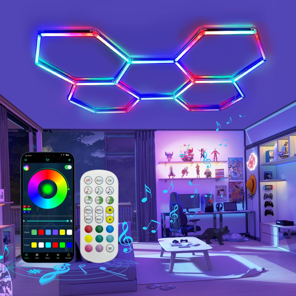 cezelux RGB Hexagon Garage Lights  356 Colors Mode/Music Sync LED Garage Lights  Smart App & Remote Control  DIY Honeycomb Ceiling Light for Studio Gym Basement Decor Gaming Room