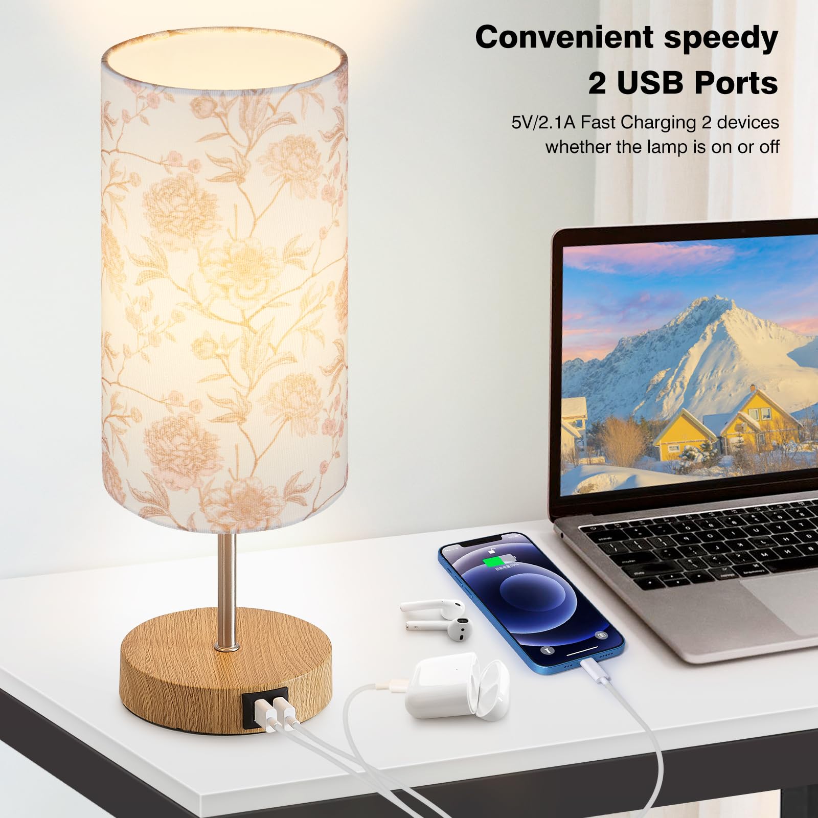 Lolikit Bedside Touch Lamp, Wood Small Table Lamp With 2 Usb Charging Ports & Flower Fabric Shade, 3-Way Dimmable Nightstand Lam