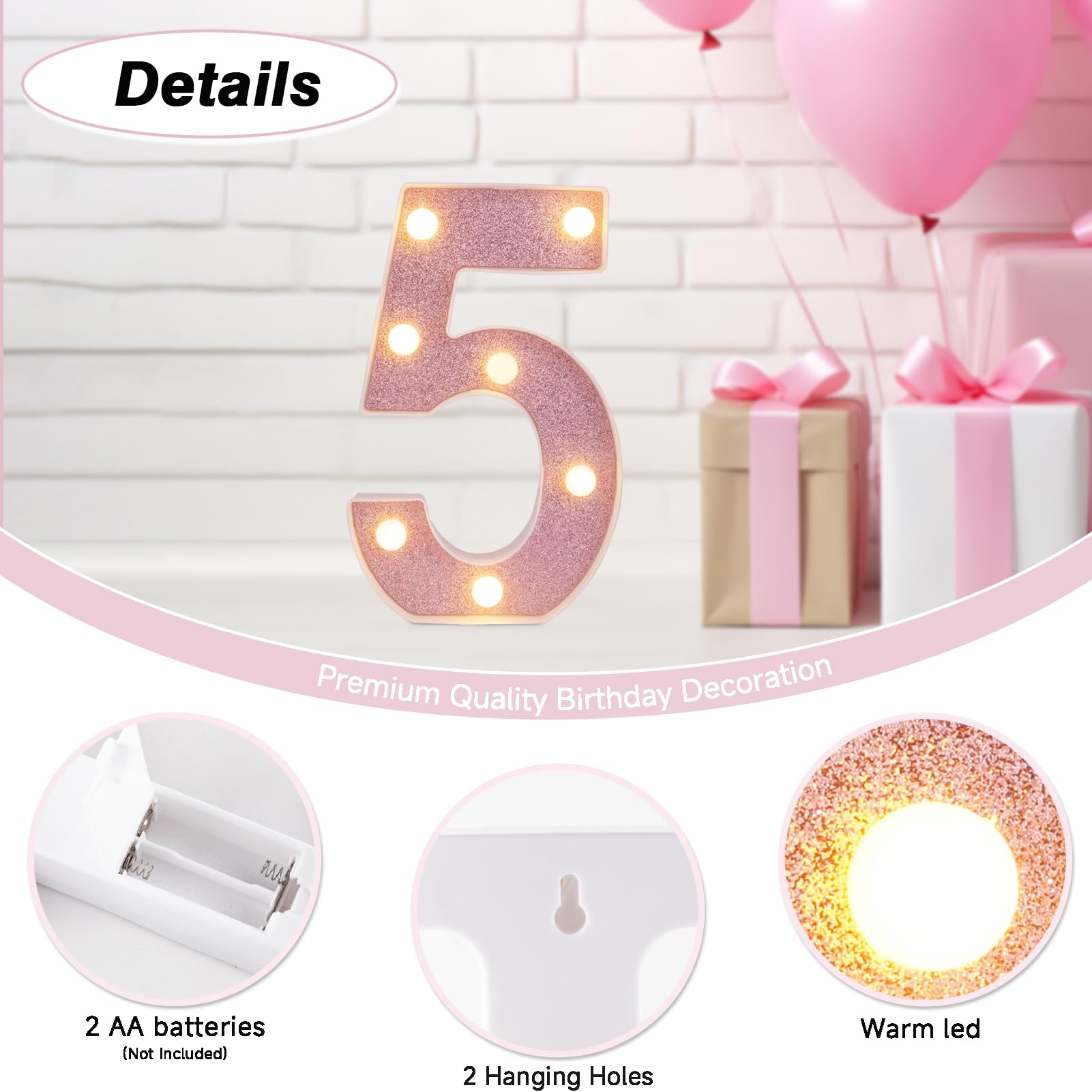 DyingSwan LED Marquee Number 5, Pink Glitter, 8.58 Inch, Battery Powered Light Up Decor for Parties and Home