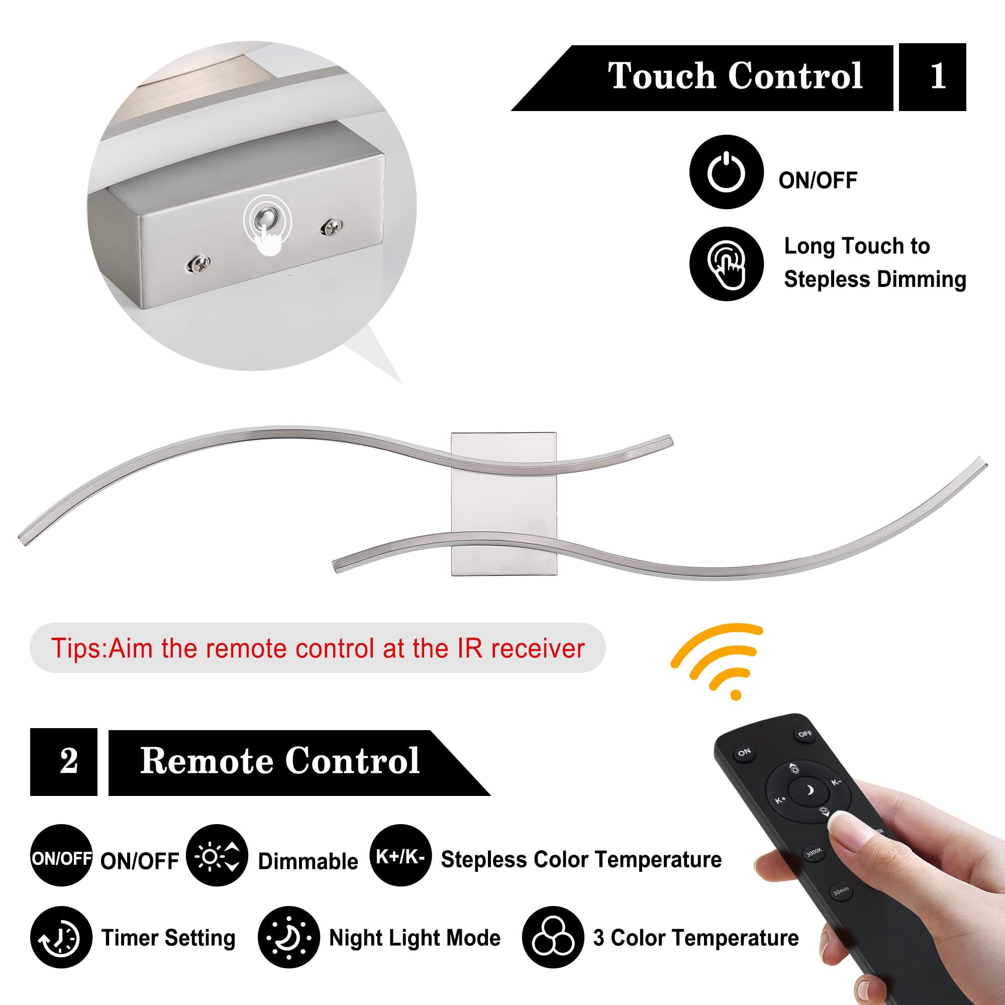 KARTOOSH Battery Operated Wall Sconces, Remote Control, Dimmable LED, Nickel, 39.3 Inch, Set of Two, Model ZM319BNC100