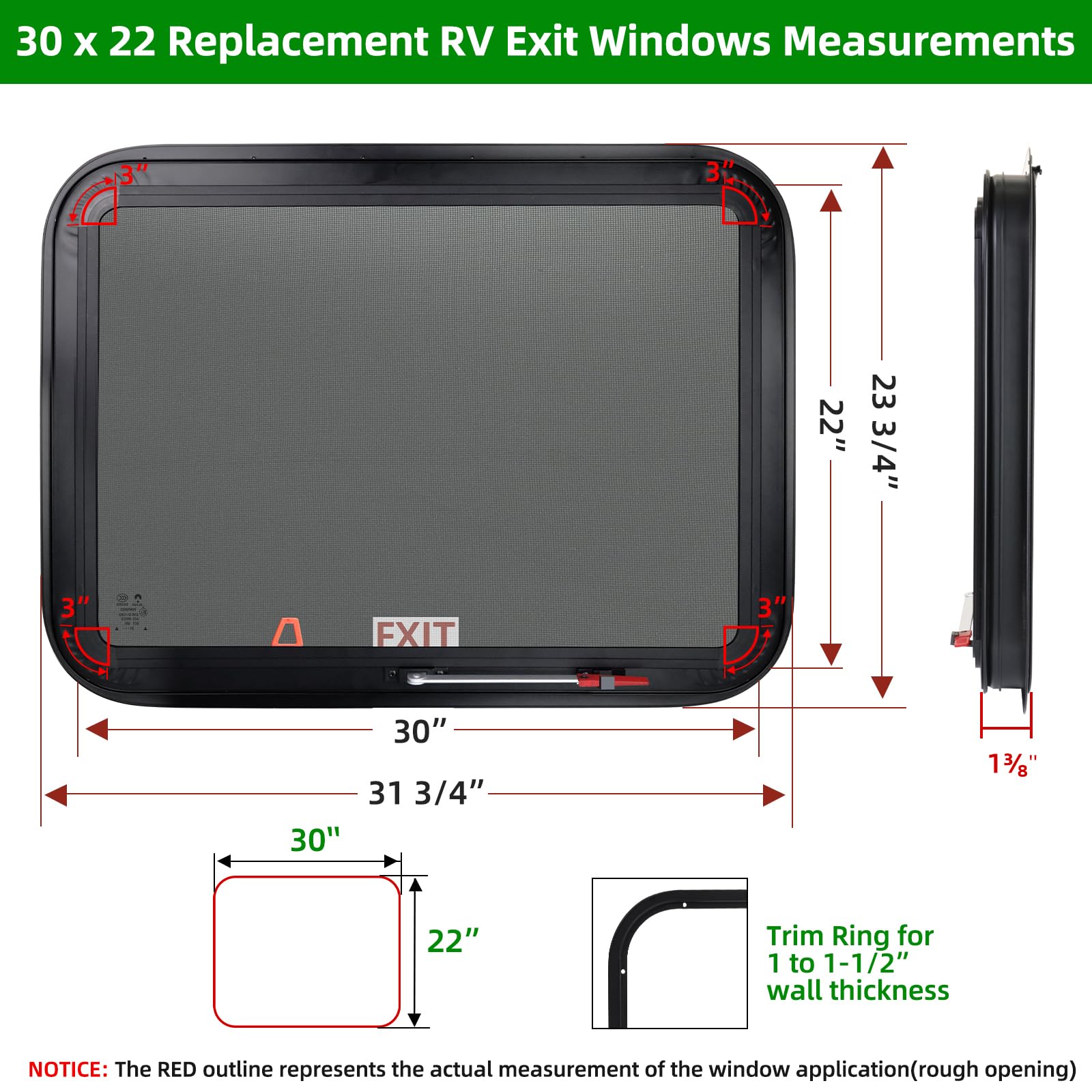 NOVINO RV Emergency Window Replacement, 30in x 22in, Black, Model NRW-008, Fits 1in or 1-1/2in Thick Wall, DOT Approved
