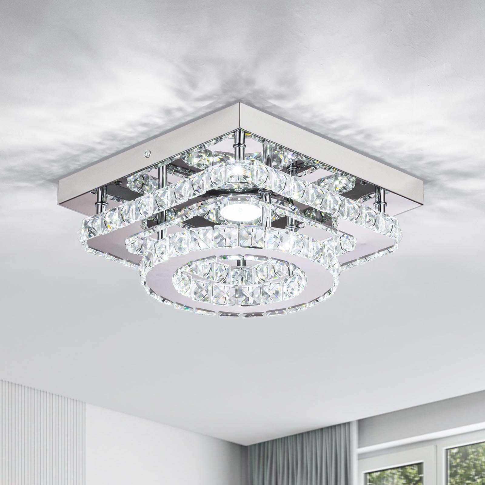 DSLITING Crystal Flush Mount Ceiling Light LED Modern Chandelier Crystal Ceiling Light Fixture 2 Layers Crystal Ceiling Chandeli