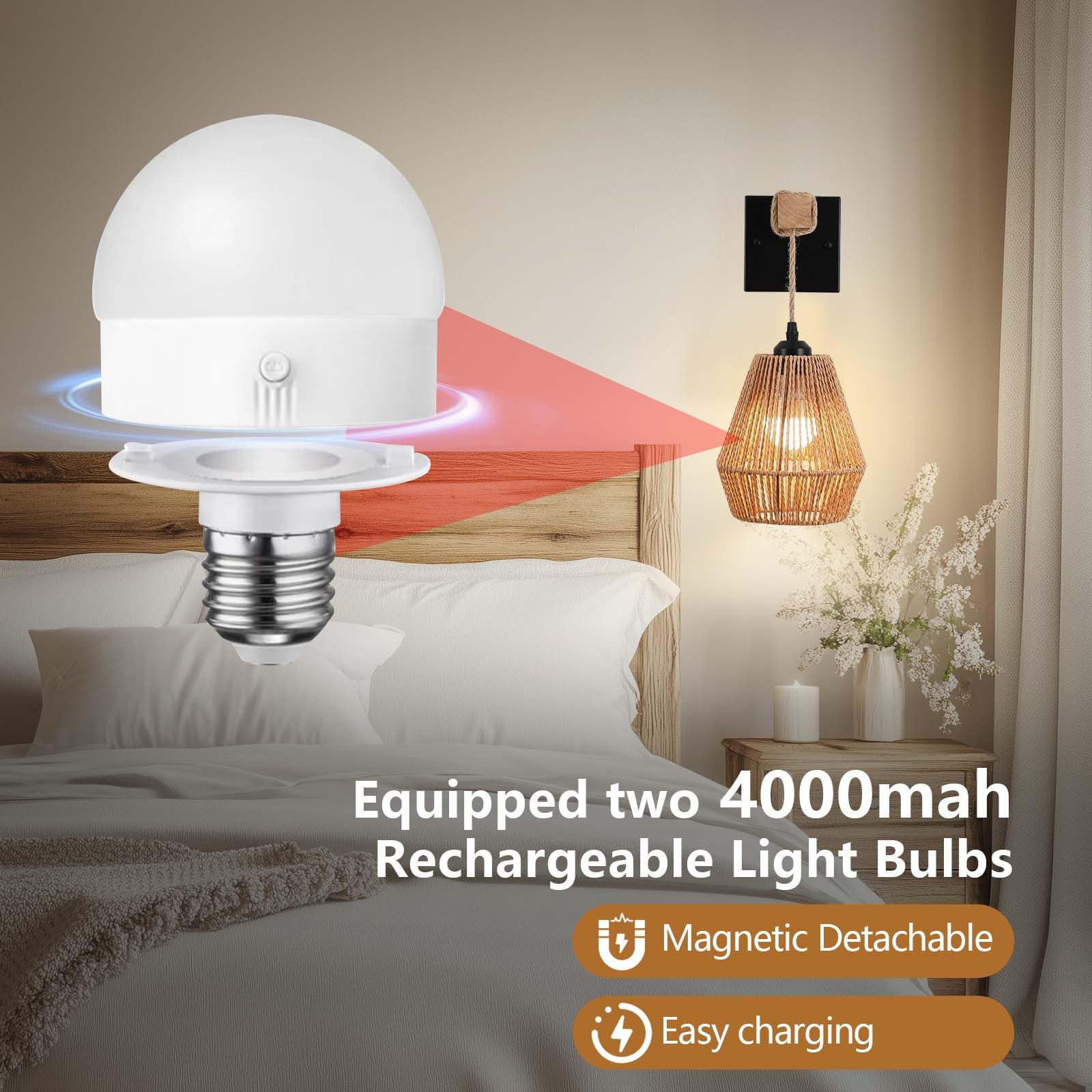 Battery Operated Wall Sconces Set of 2,Rattan wall sconce with Remote Control,Rechargeable Boho Wall Light Dimmable,Farmhouse Wi