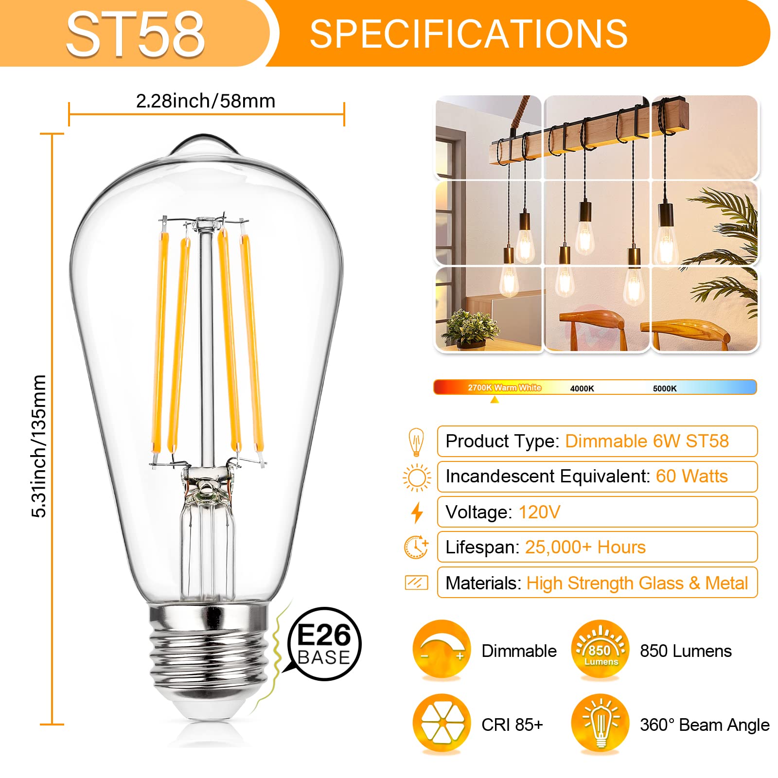 Maxvolador Vintage Led Edison Bulb Dimmable 60W Equivalent 850 Lumens, 6W Edison Light Bulbs 2700K, Antique St58 Led Filament Bu