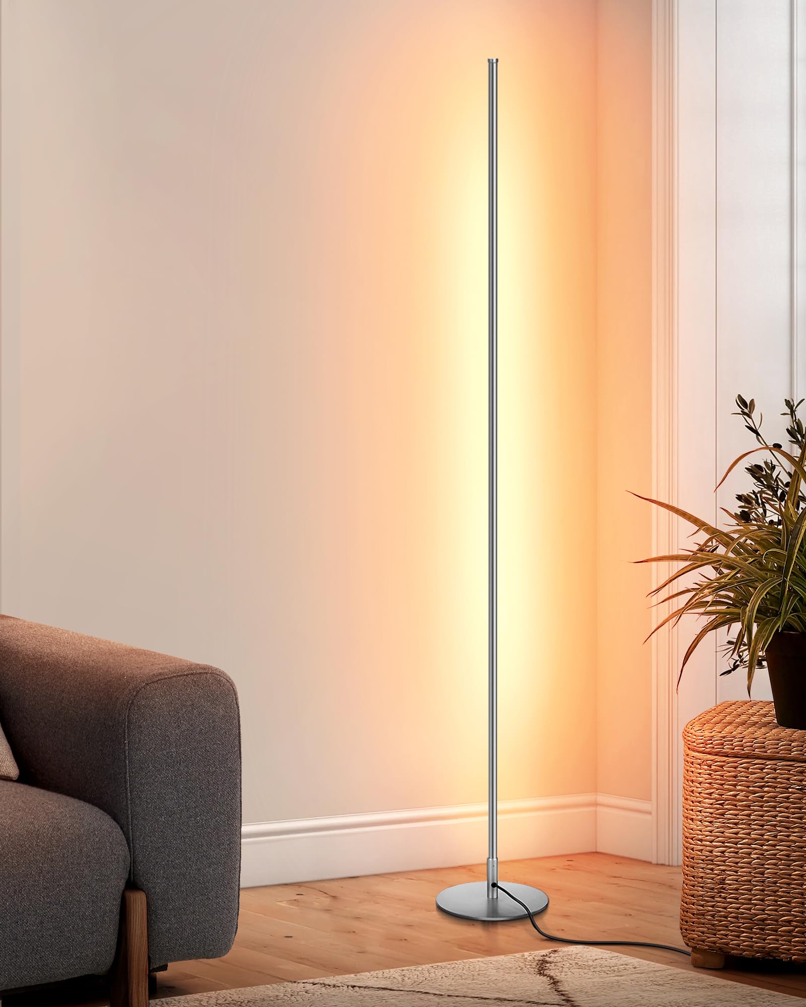 DEWENWILS LED Corner Floor Lamp, Dimmable 57.5in Aluminum Light, 3000K Warm White, Silver, Model HLFL02E