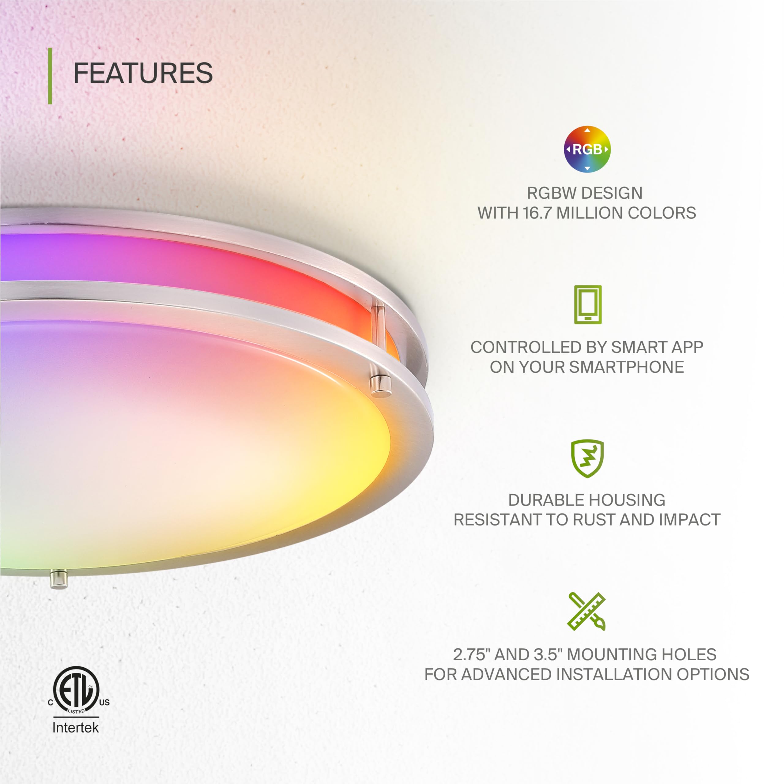 ASD LED Flush Mount Light Fixture 18 Inch, 28W, RGB-2700K-6500K, Brushed Nickel, 2 Pack, Model A-DR18D28S