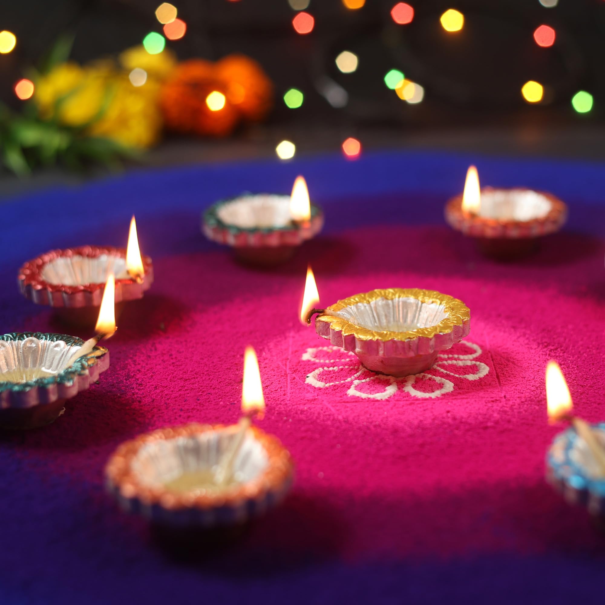 KSJONE 30 Pcs Hand Painted Diwali Decoration Diwali Clay Diya with Cotton Wicks Oil Lamp Indian Festive Home Decoration Traditio