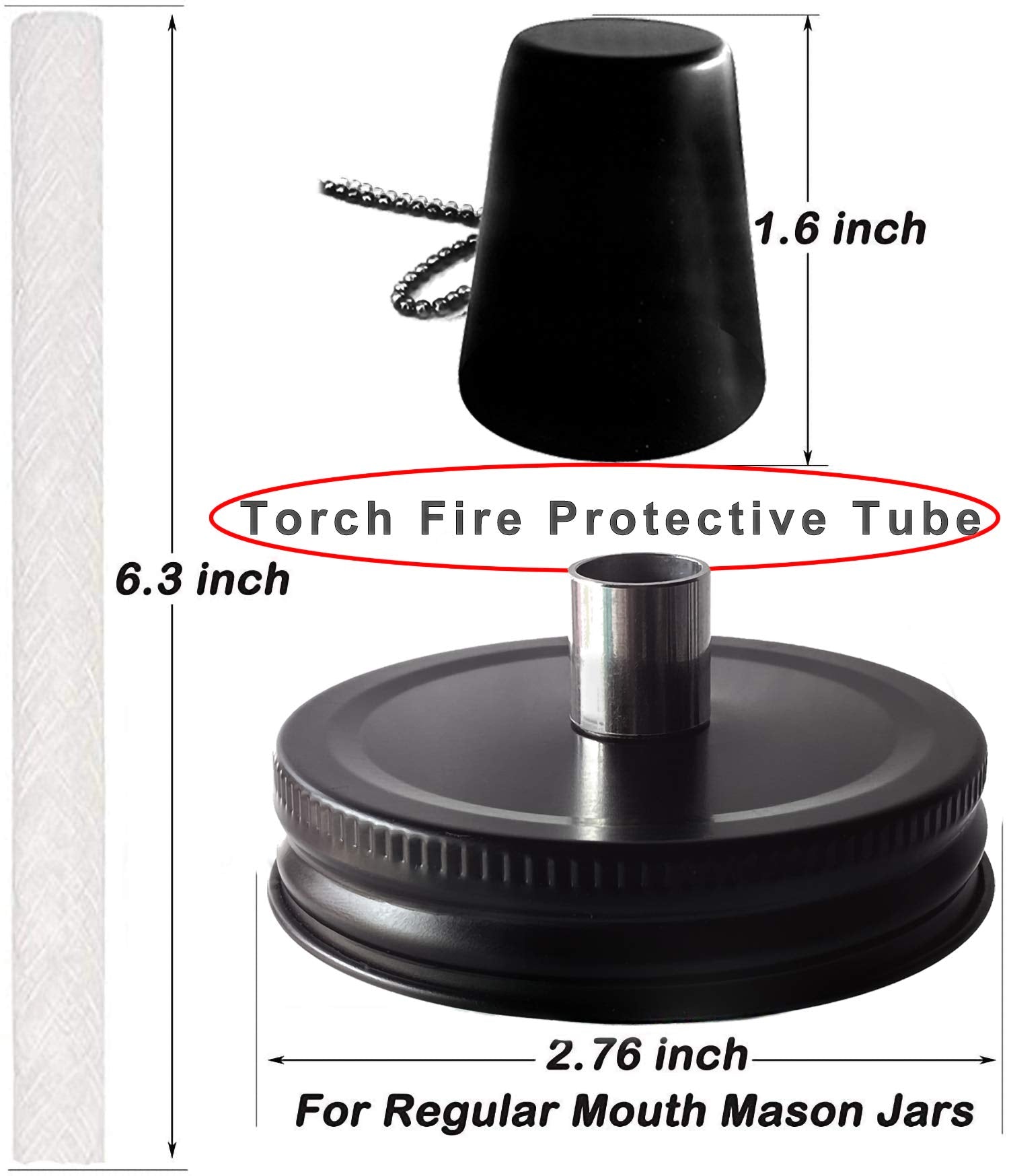 Mason Jar Tabletop Torches Kits,6 Pack Regular Mouth Lids with Protective Tube,Long Life Fiberglass Wicks and Caps,Outdoor Oil L