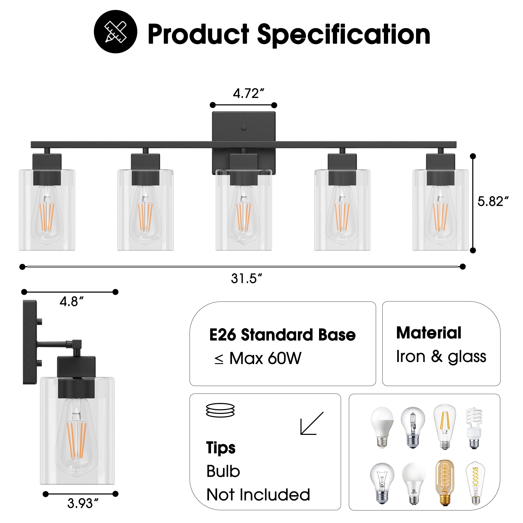 Espird 5 Light Bathroom Vanity Light - Matte Black Bathroom Light Fixtures Square Design & Ul Certification, 31 Inch Black Bath
