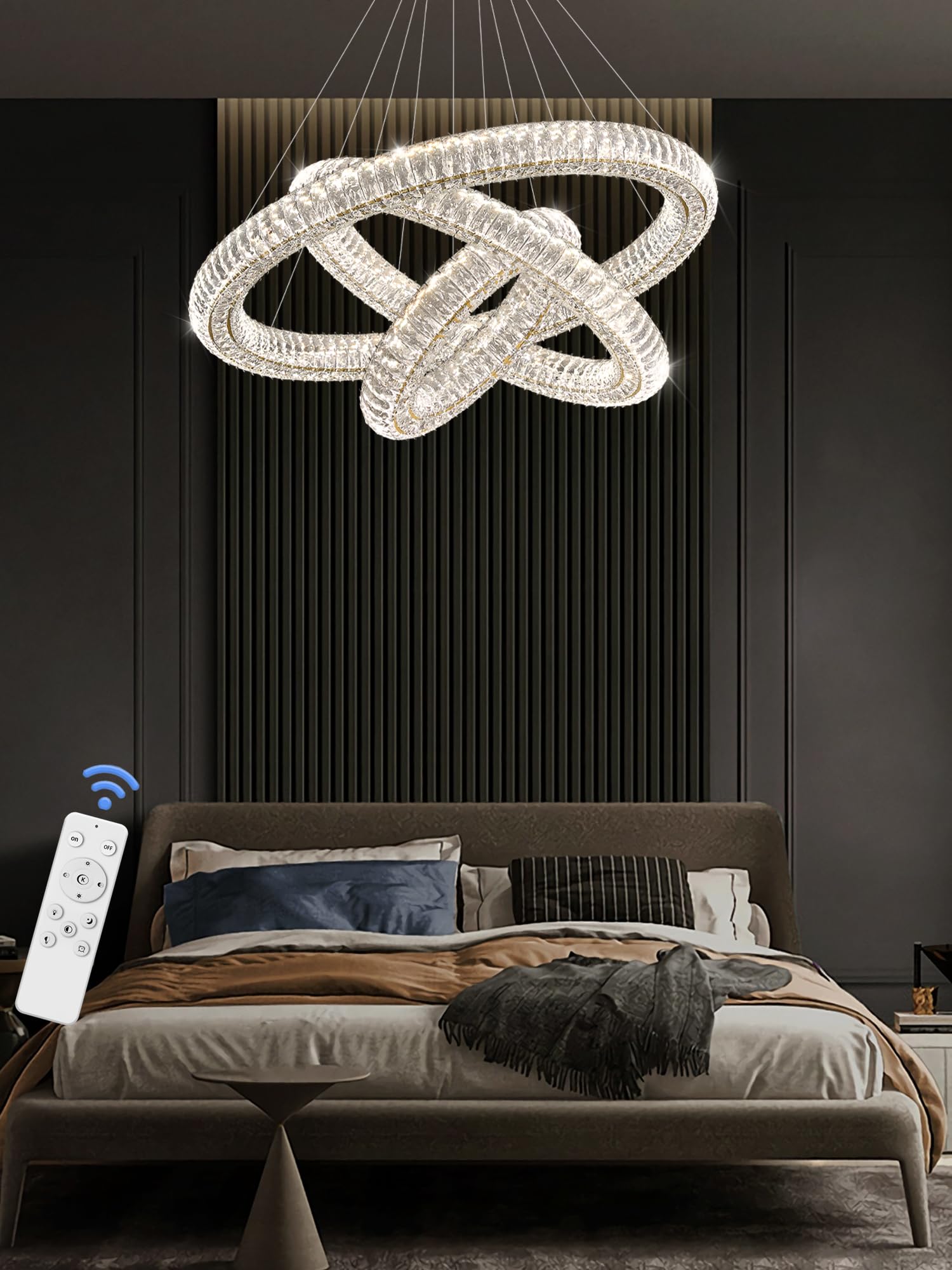 IDEQUY Gold Crystal Chandeliers - 3 Rings, Dimmable LED, 128'' Long for High Ceilings, Model CF8022-6810J