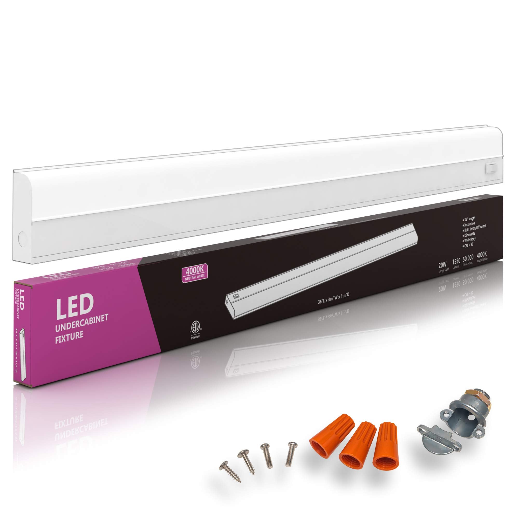 Hardwired LED Under Cabinet Task Lighting - 20 Watt, 36'', Dimmable, CRI>90, 4000K (Cool White), Wide Body, Long Lasting Metal B