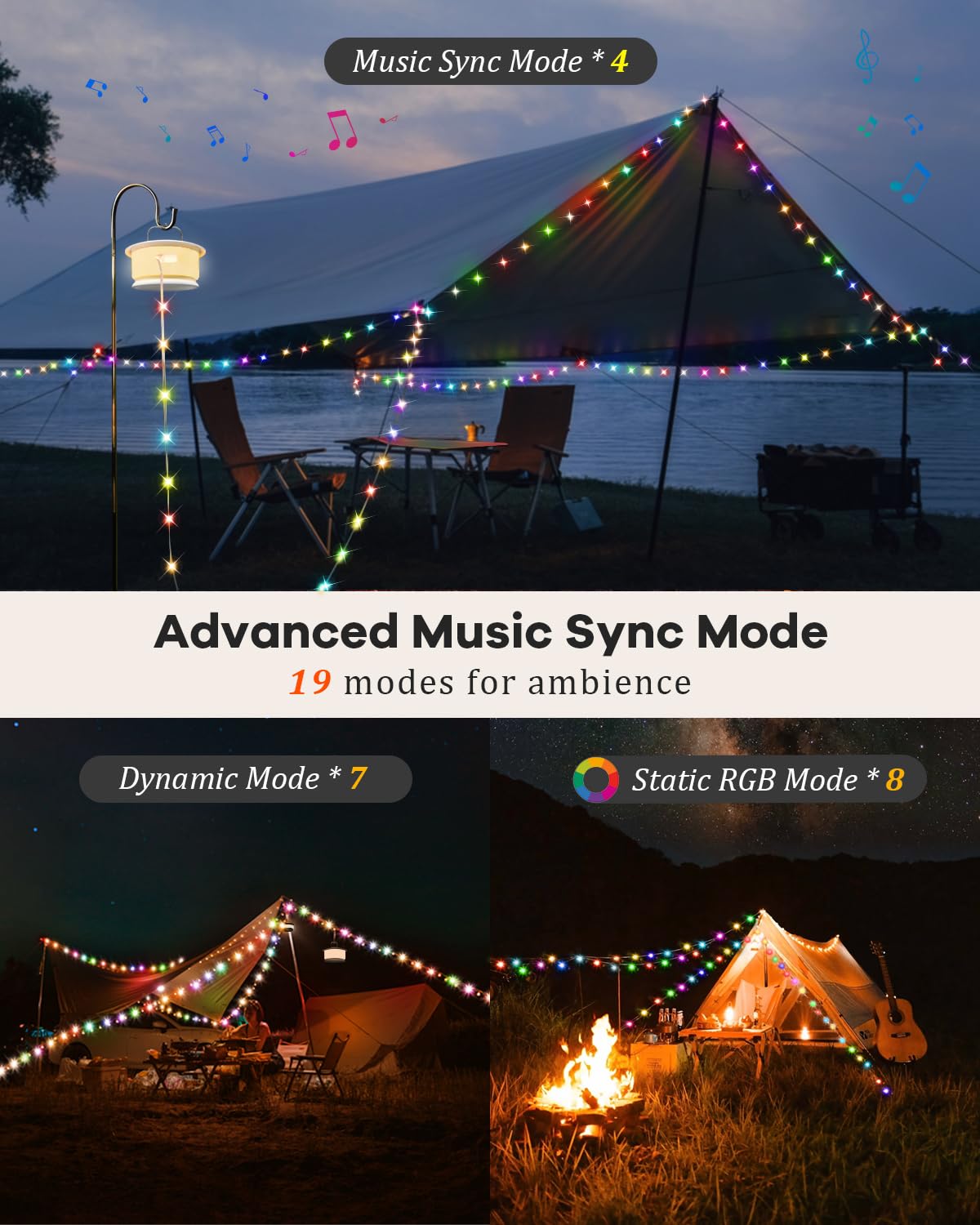 Camping String Lights Outdoor with Music Sync, Quick Storage LED String Lights with 7 RGB Colors & 12 Mode Tent Lights, Portable