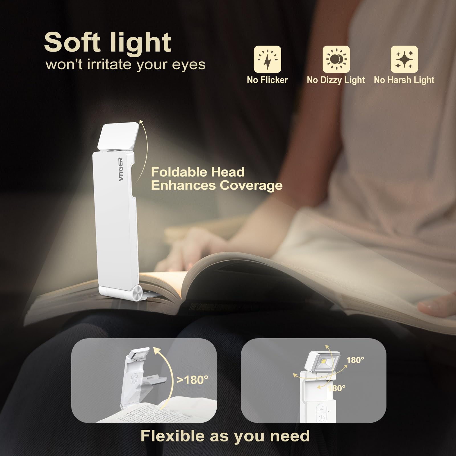 Vtiger Reading Light, Usb Rechargeable Book Light For Reading In Bed,Foldable Clip-On Led Booklight, 3 Amber Colors & 4 Brightne