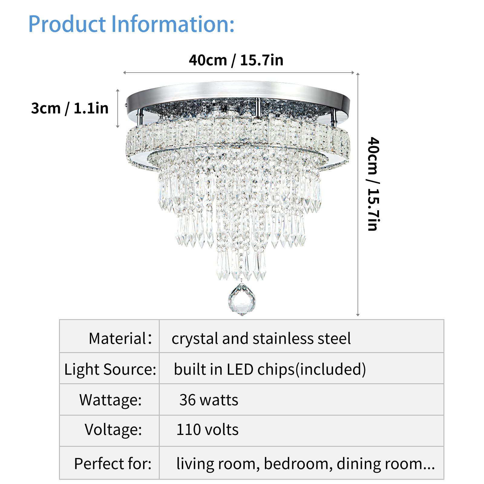 Hongnuofc 16 Crystal Chandeliers Light Flush Mount Ceiling Light Fixtures Round Modern Led Chandelier For Living Room Bedroom Di