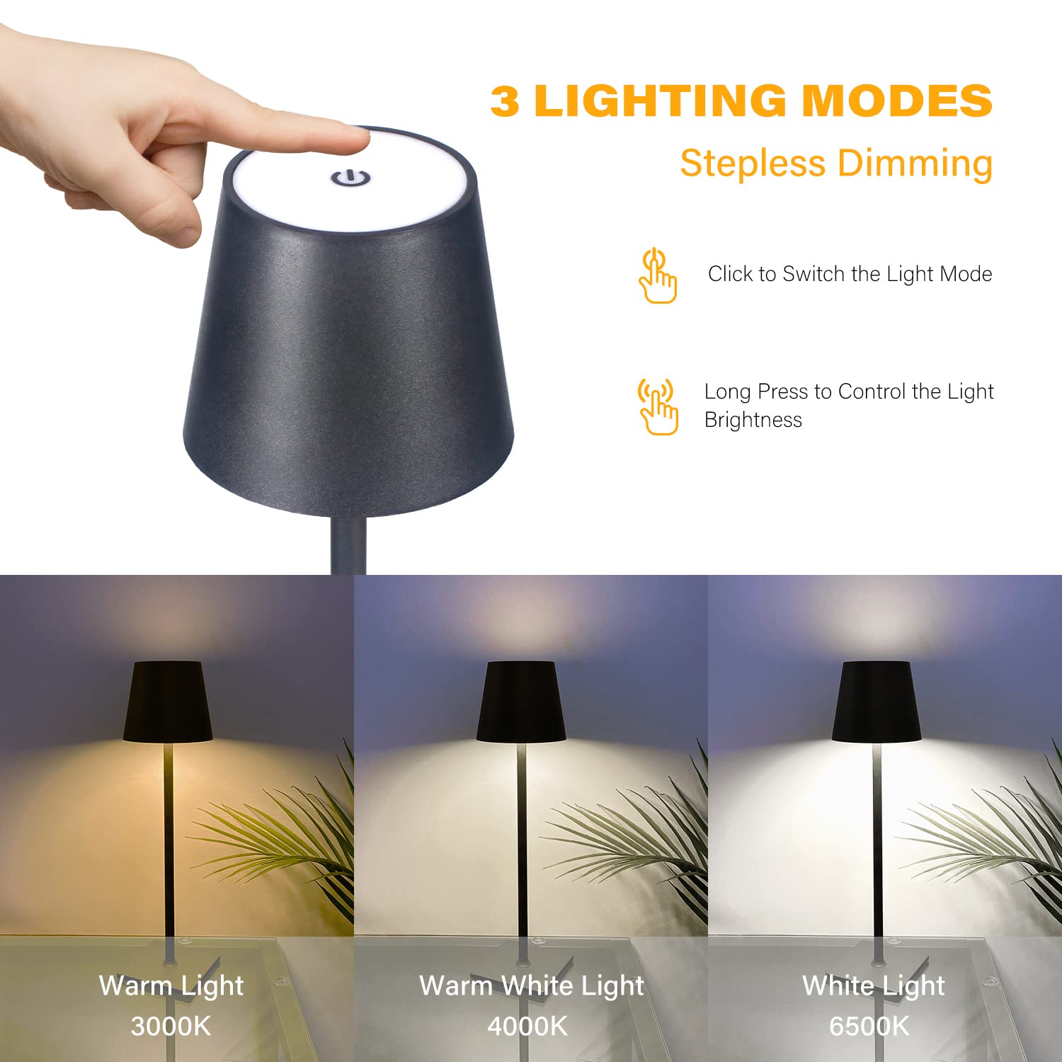 Chloranthus 2 Pack Cordless Table Lamps, Stepless Dimming, Rechargeable Led, Black