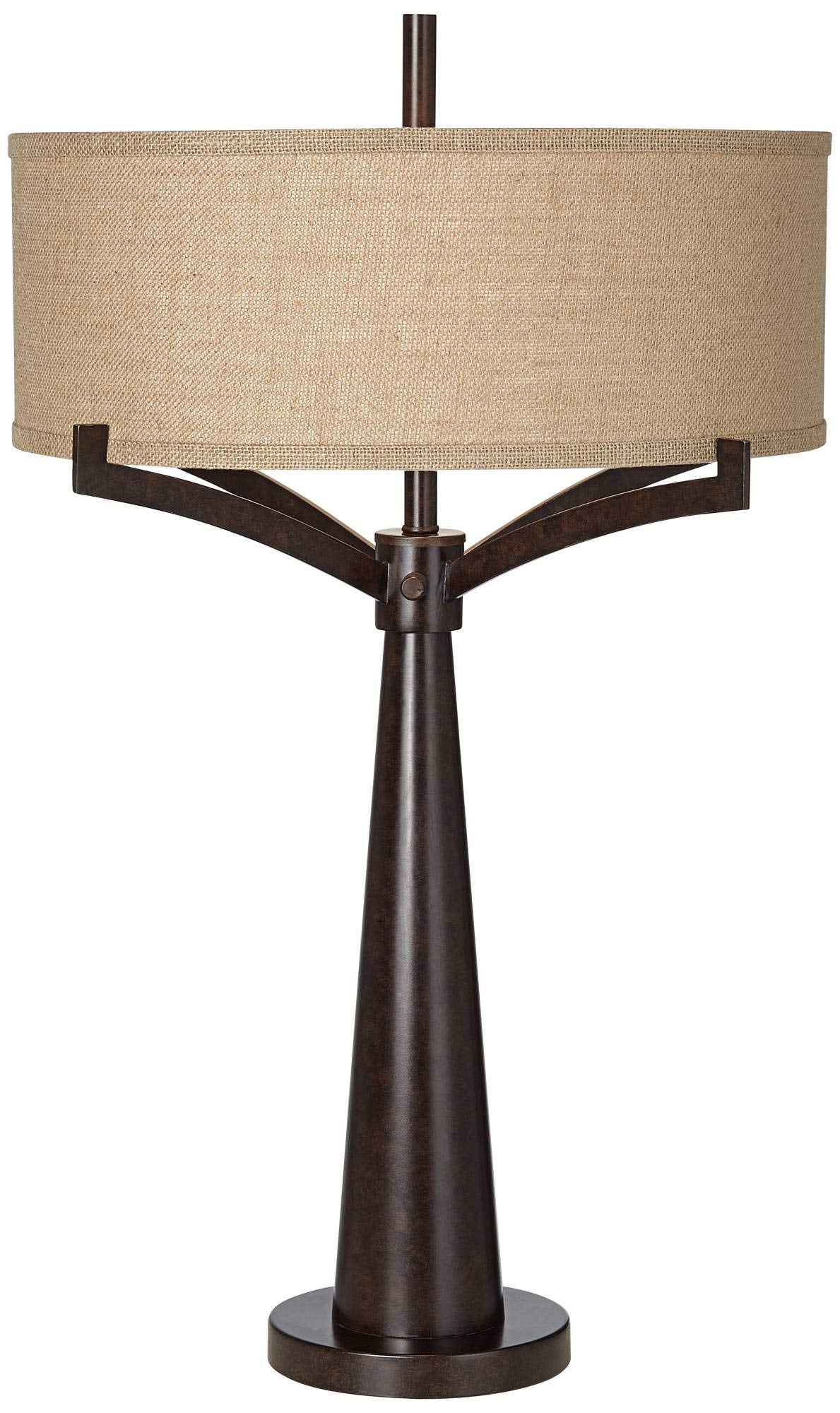 Franklin Iron Works Tremont Rustic Farmhouse Table Lamp 31 1/2 Tall Allegheny Bronze Brown Iron Burlap Fabric Drum Shade for Bed