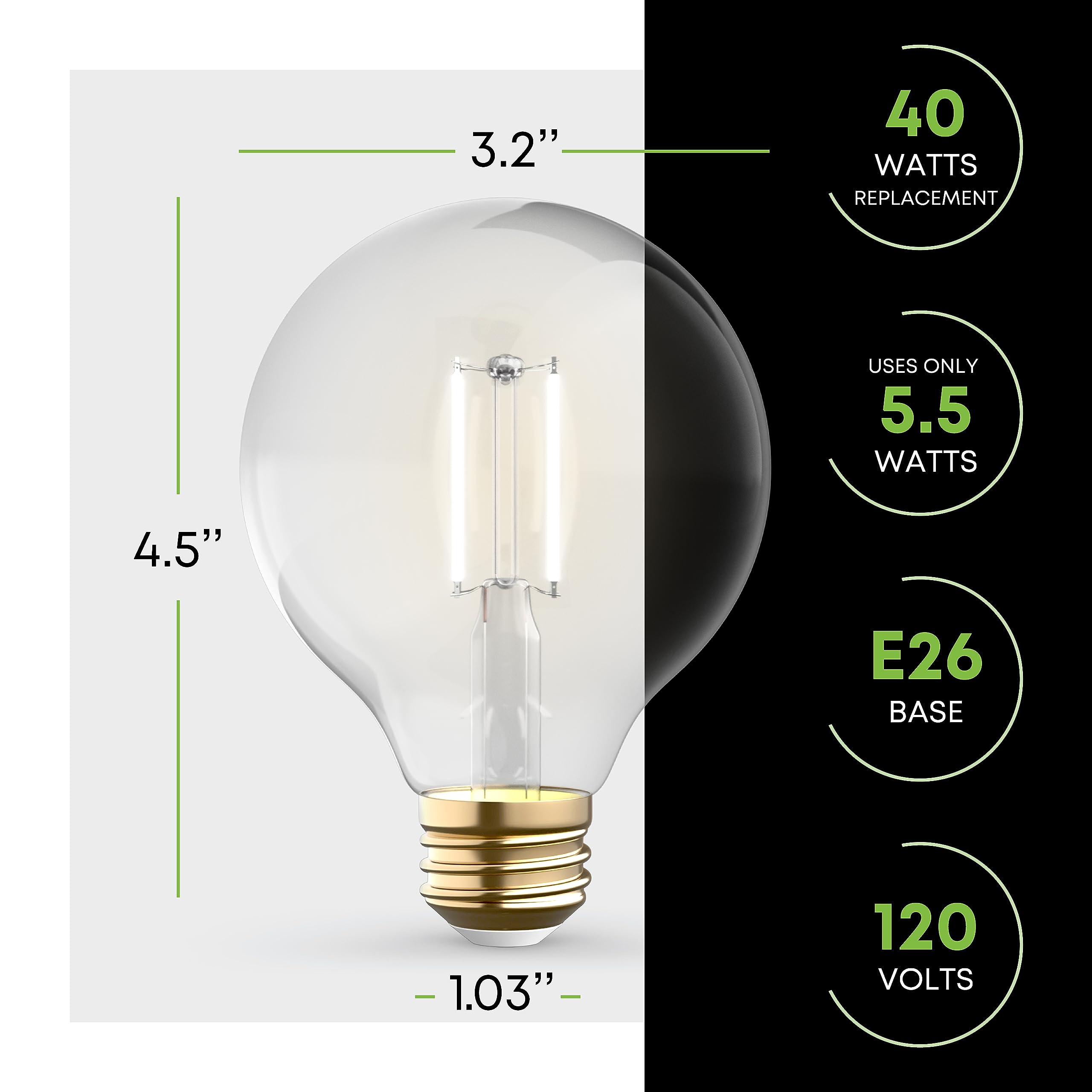 Kor 4 Pack 4.5W (40W Equivalent) Clear G25 Globe Led Light Bulbs 2700K Warm White Dimmable Filament Vintage Led Globe E26 Base D