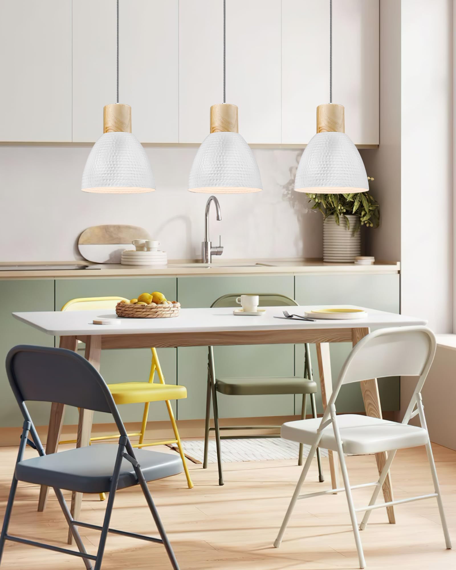 Elyona 3 Pack White Hammered Pendant Lights - Nordic Solid Wood Fixtures For Kitchen & Dining