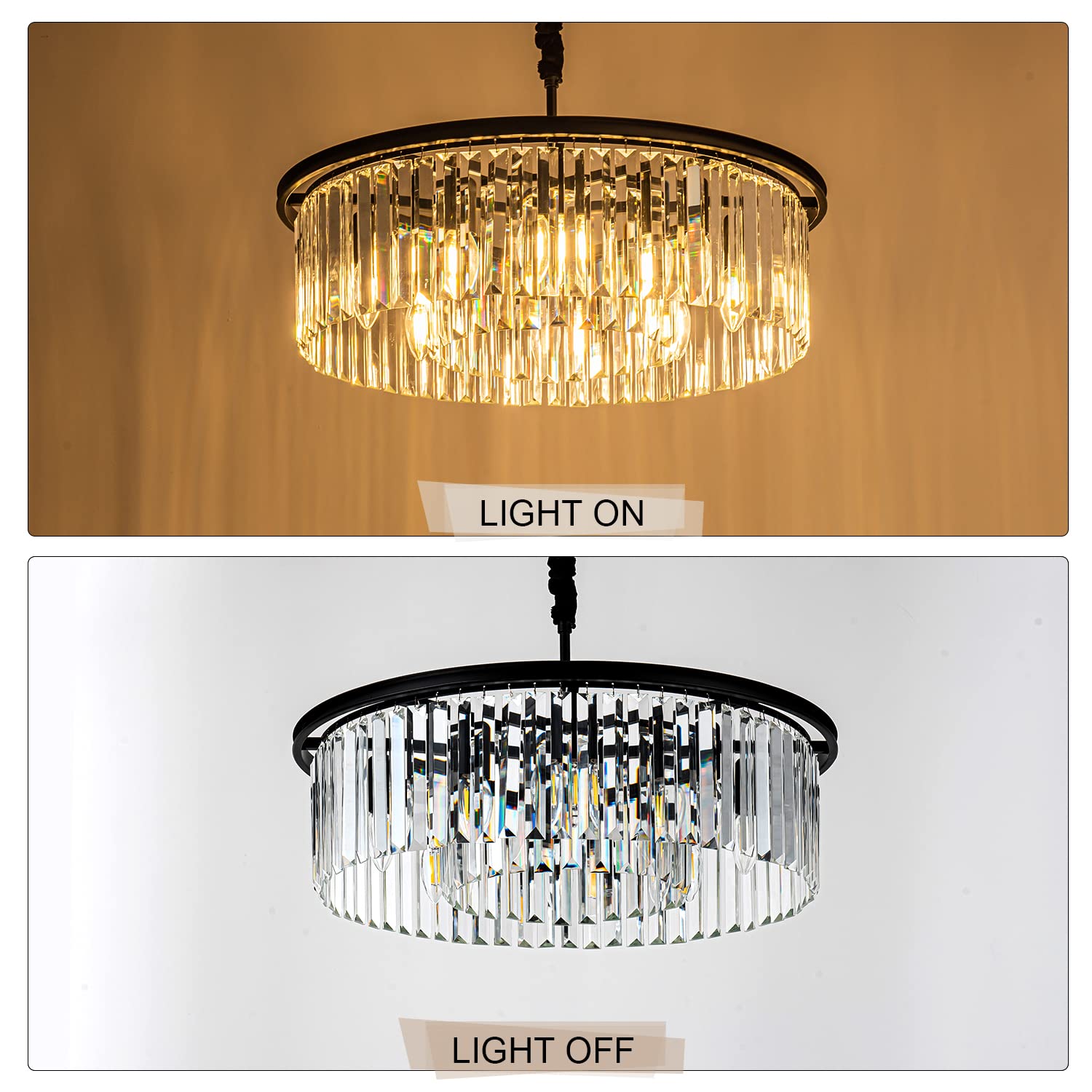 Faibra 23" Black Crystal Chandelier 8-Light Modern Crystal Pendant Ceiling Light Fixture 2 Rings Luxury Chandeliers,For Dining Room Kitchen Island Living Room Bedroo