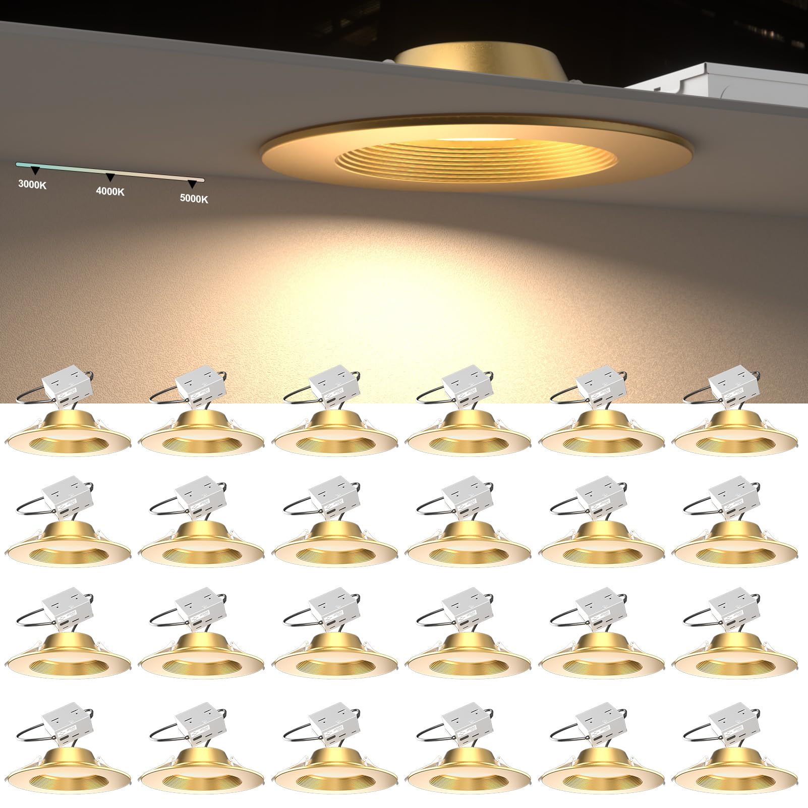 Lightdot 12W Dimmable LED Downlight 3CCT Selectable Gold, 6 Inch, Fixed 24 Pack, Model LRC-03G