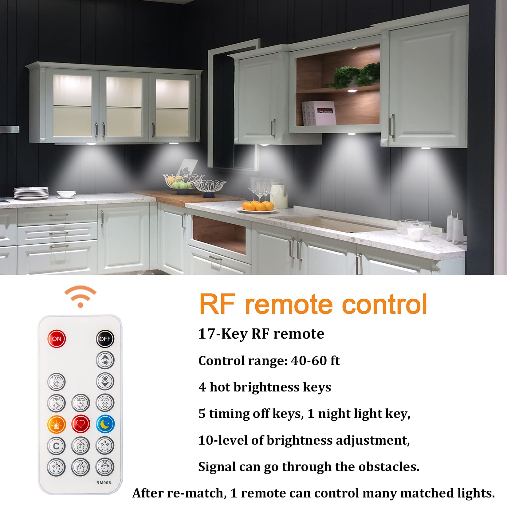 WOBANE LED Under Cabinet Lighting Kit, 112 LEDs, 700lm, RF Remote Control, Silver, Model CS211, 4 Pack