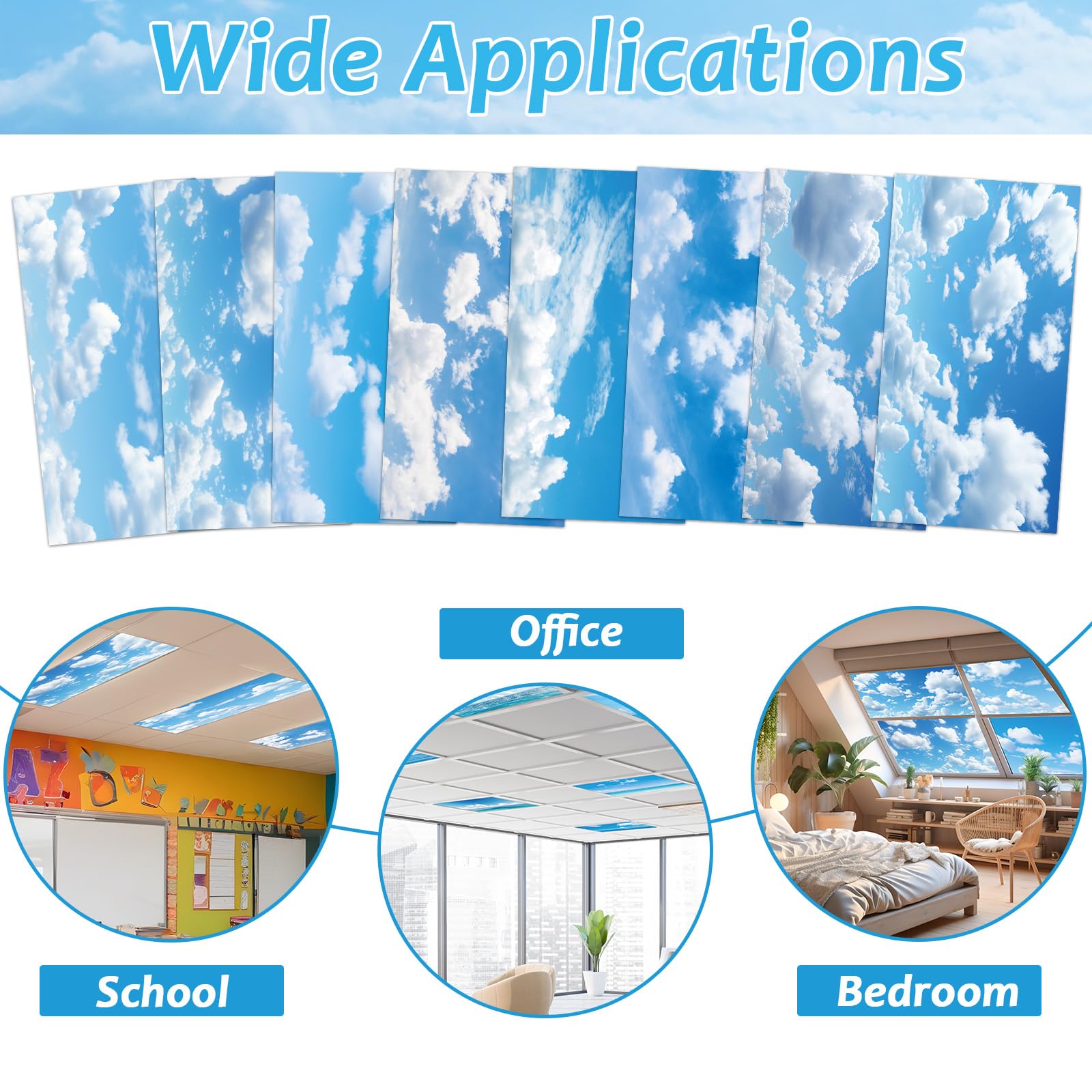 Wiooffen 8 Pcs Fluorescent Light Covers, Magnetic Installation, 4 x 2 Feet, Cloud White, Model YM0889, Polyester Material