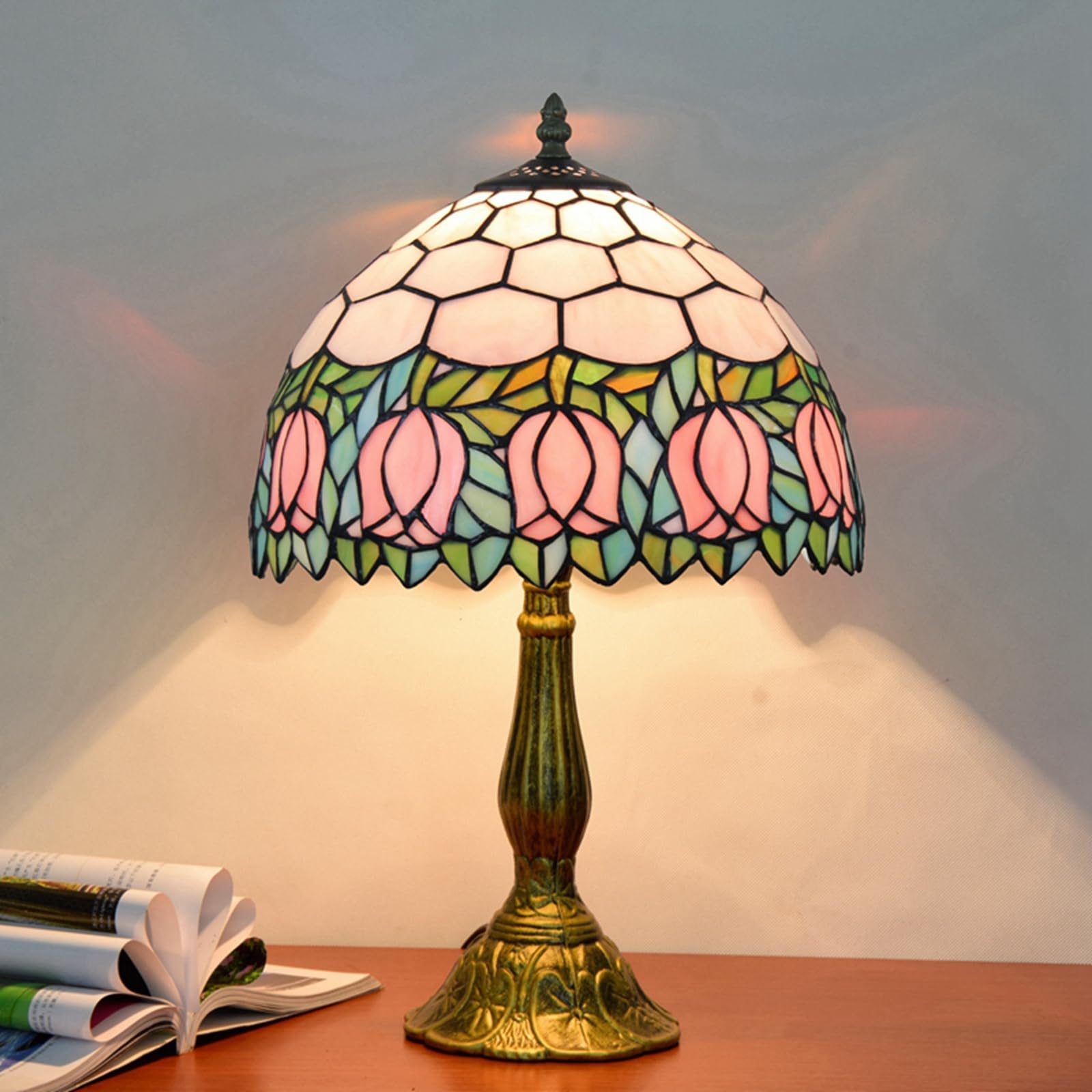 Blivuself Tiffany Lamp Stained Glass Lamp Pink Tulip Bedroom Table Lamp Reading Desk Light For Bedside Living Room Office Dormit