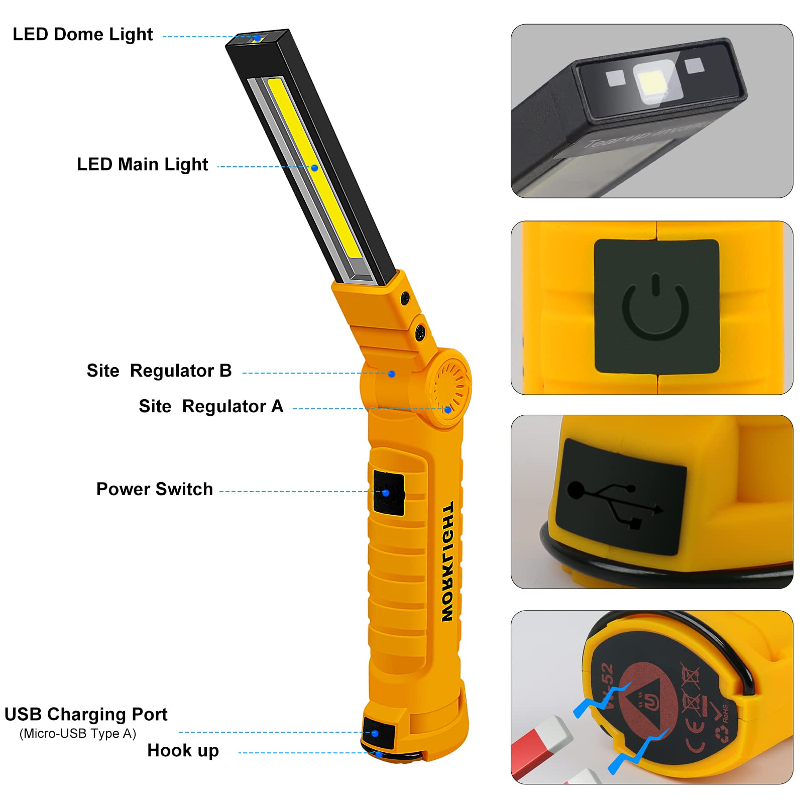 2Pack LED Work Light, USB Rechargeable COB Light with Magnetic Base 360Rotate and 5 Modes, Folding Flashlight Inspection Light f