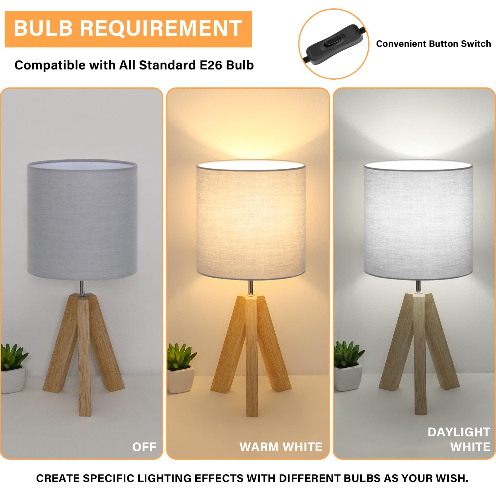 Brightever Small Bedside Table Lamp, Wooden Tripod Modern Table Lamp With Grey Linen Fabric Shade, Farmhouse Nightstand Lamp For