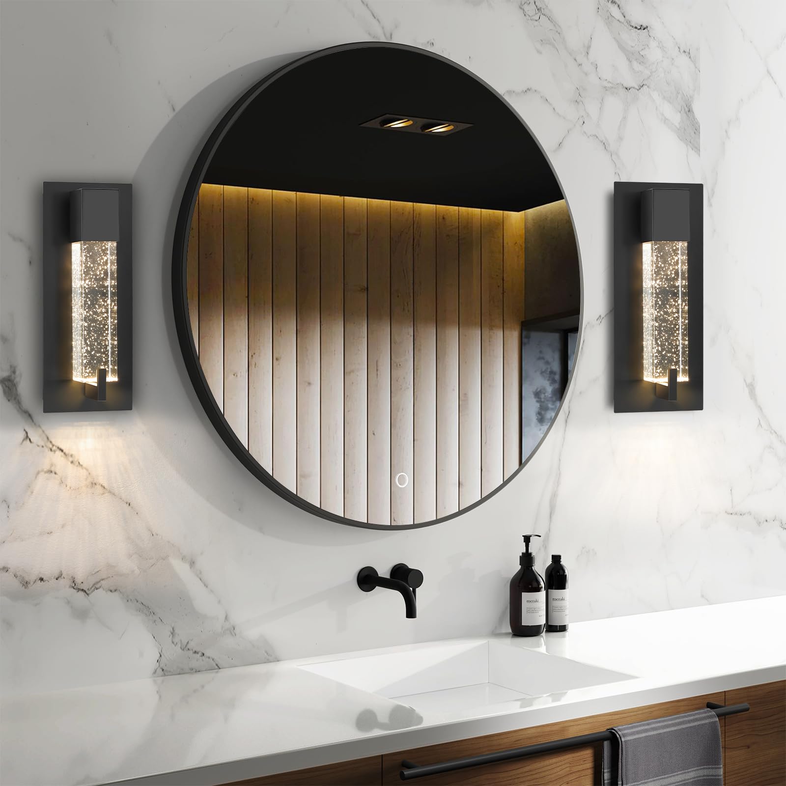 WOSHITU LED Wall Sconce Light: 11 Inch Black Modern Sconces Wall Lighting 3000K Dimmable Crystal Wall Lamps Indoor Bathroom Scon