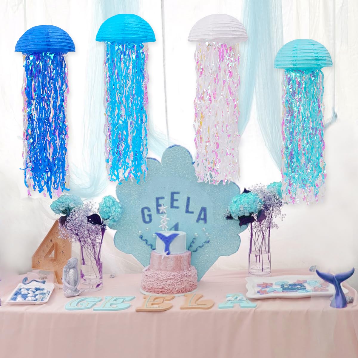 Yunxuan Mermaid Party Decorations, Jellyfish Paper Lanterns Blue White Hanging Lantern For Mermaid Birthday Party Baby Shower Un