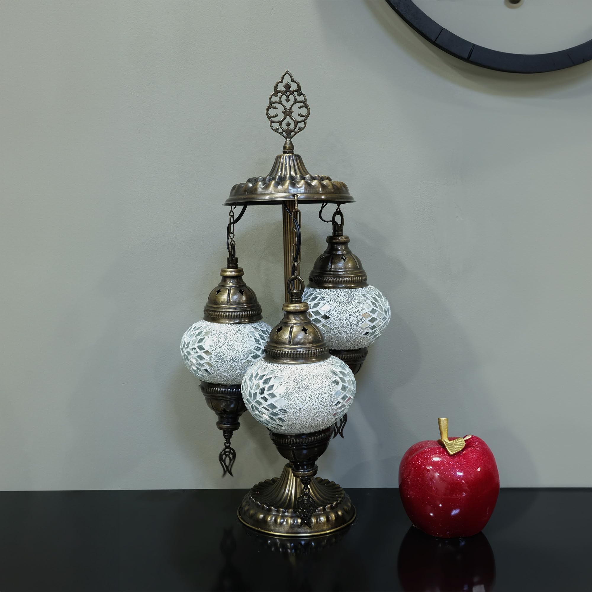 Asylove Turkish Lamp, 3 Globe Mosaic Table Lamp, 12x12x24 inch, Glass, Daisy White, Model 3GlobeAPNo2