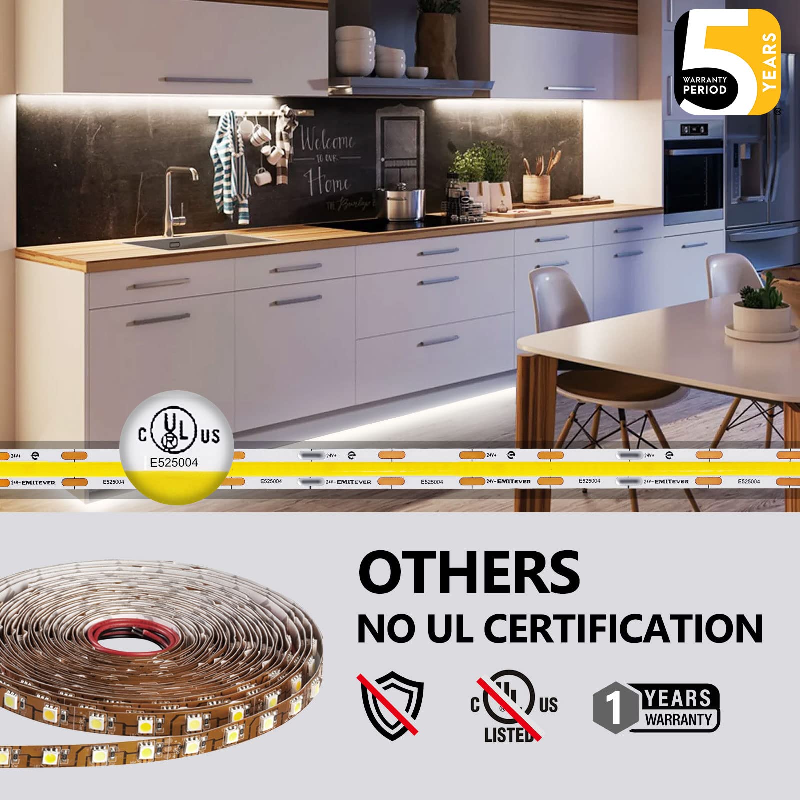 EMITEVER COB LED Strip Light 4000K 16.4ft, 2400 LEDs, White, Model E2024V-404-1630-U, UL Listed, 5