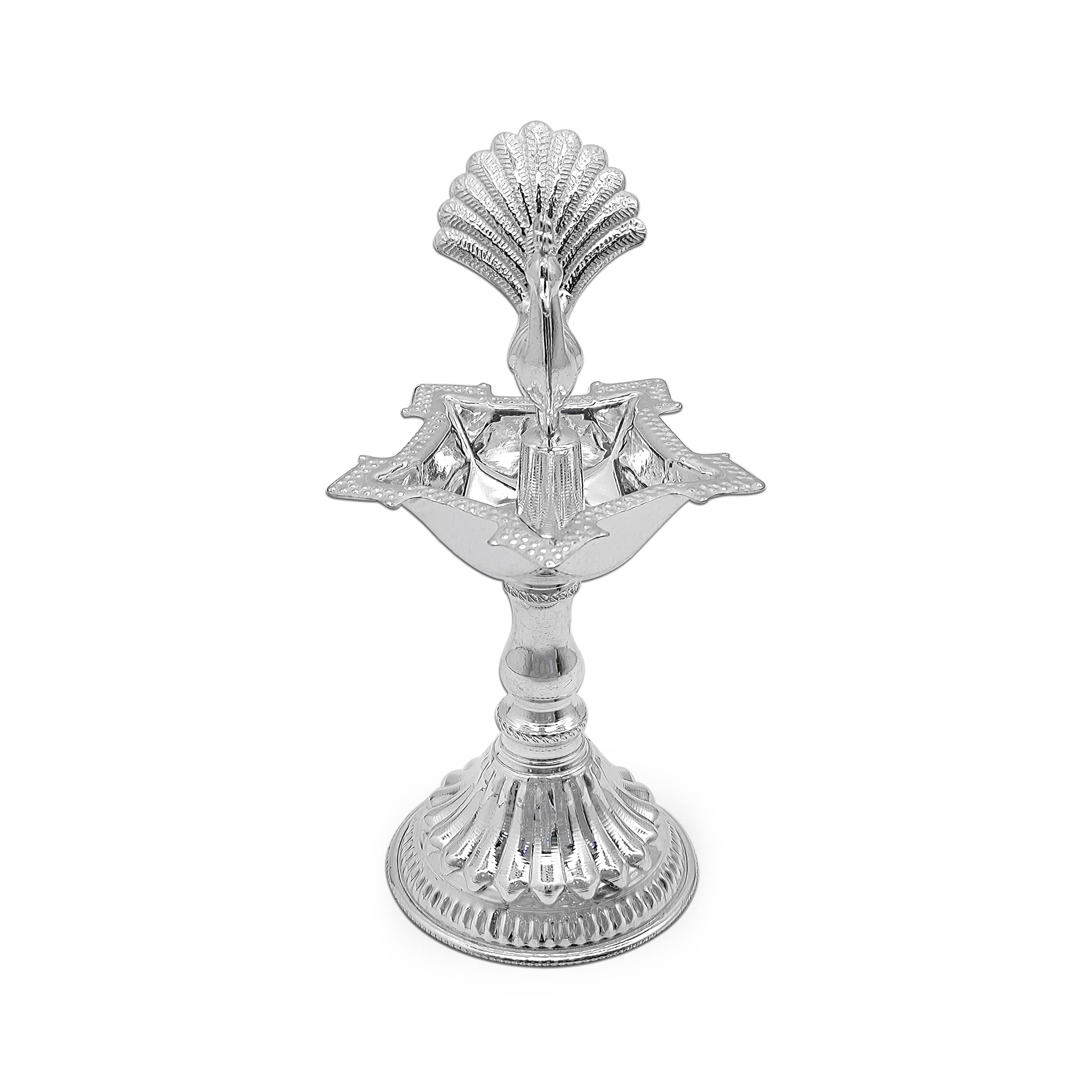 MAA SILVER Pure Silver Diya/Lamp/Deepak with Beautiful Peacock Idol at Centre & Unique Design Perfect for Gifting and Pooja Use