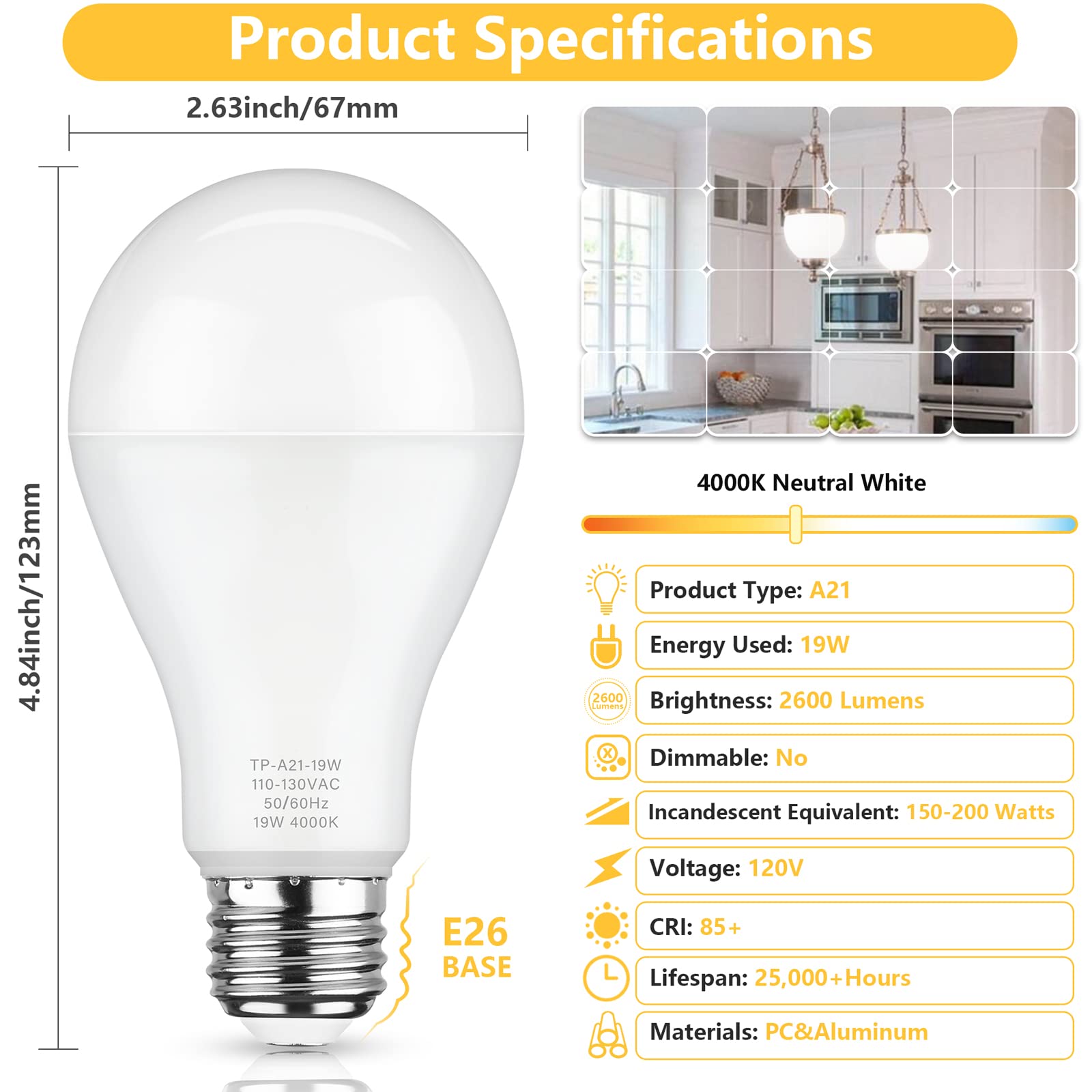 Maxvolador A21 Led Light Bulbs, 150 Watt Equivalent, Neutral White 4000K, 2600 Lumens, E26 Base, Non-Dimmable, 19W Light Bulbs,