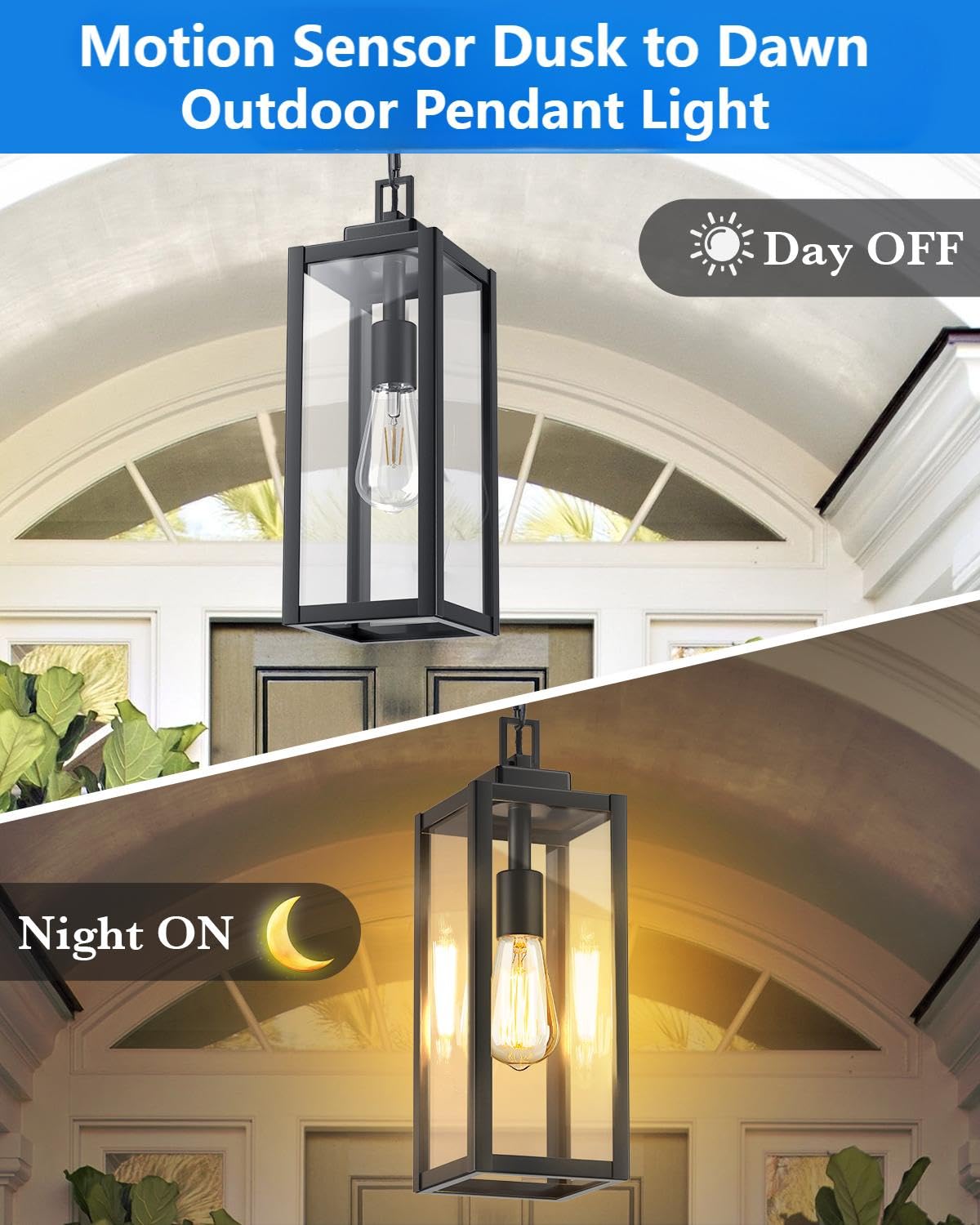 MYHXQ 15" Motion Sensor Outdoor Pendant Light, Black Aluminum Chandelier for Porch & Yard, Model MY-CL216A-BK