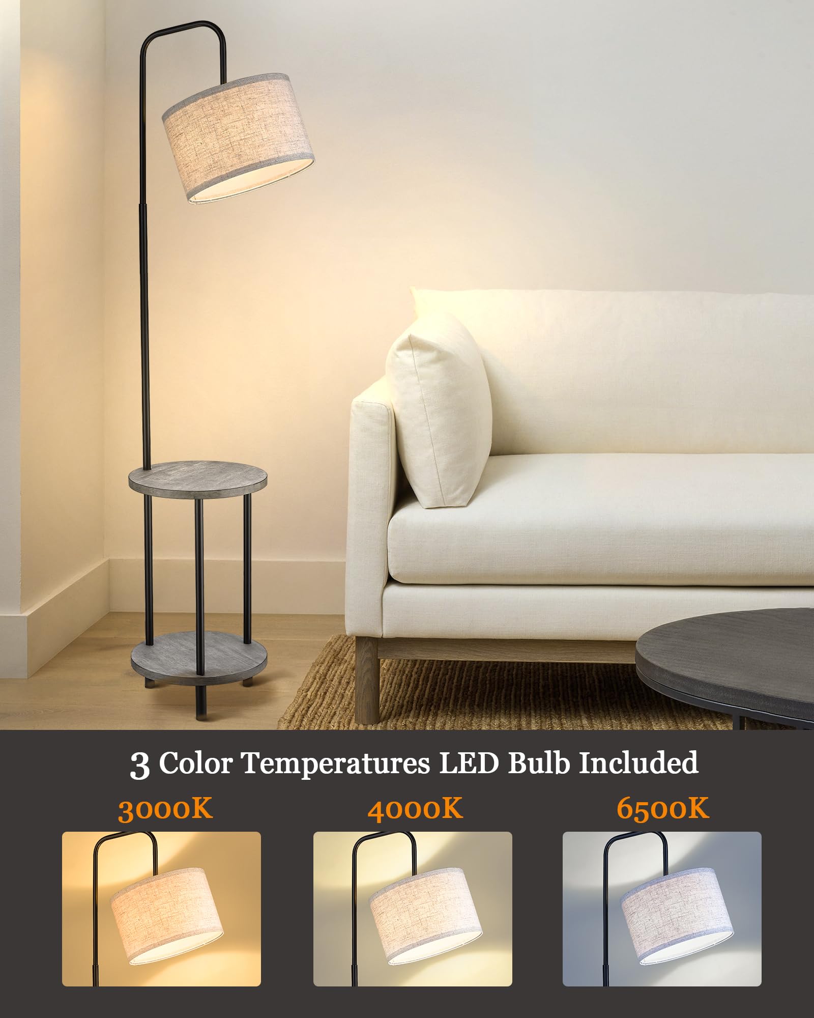 Elyona Solid Wood Floor Lamp - Rustic Side Table Lamp For Bedroom & Living Room - Mid Century Modern Floor Lamp With 3 Color Tem