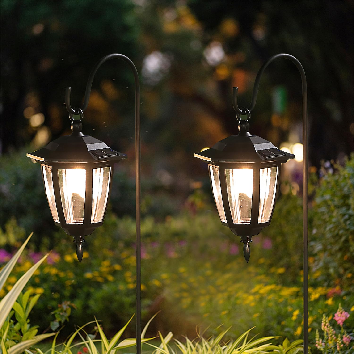 Dynaming Solar Hanging Lights 2 Pack - Warm White Decorative Lanterns with 38 Inch Shepherd Hooks for Outdoor Garden, Lawn, and Pathway