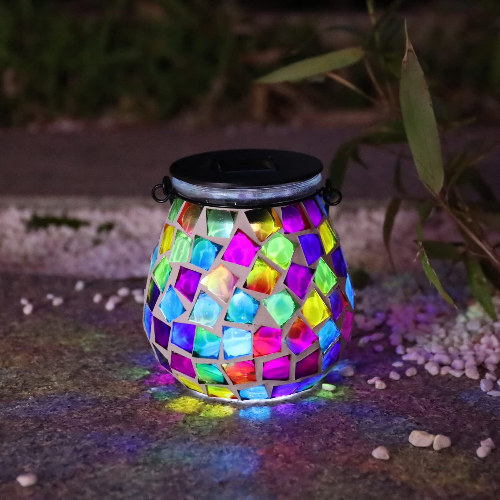 Afirst Mosaic Solar Lantern - Glass Hanging Waterproof Table Lamp for Garden, Patio, Holiday Party - Cube Model 4431890