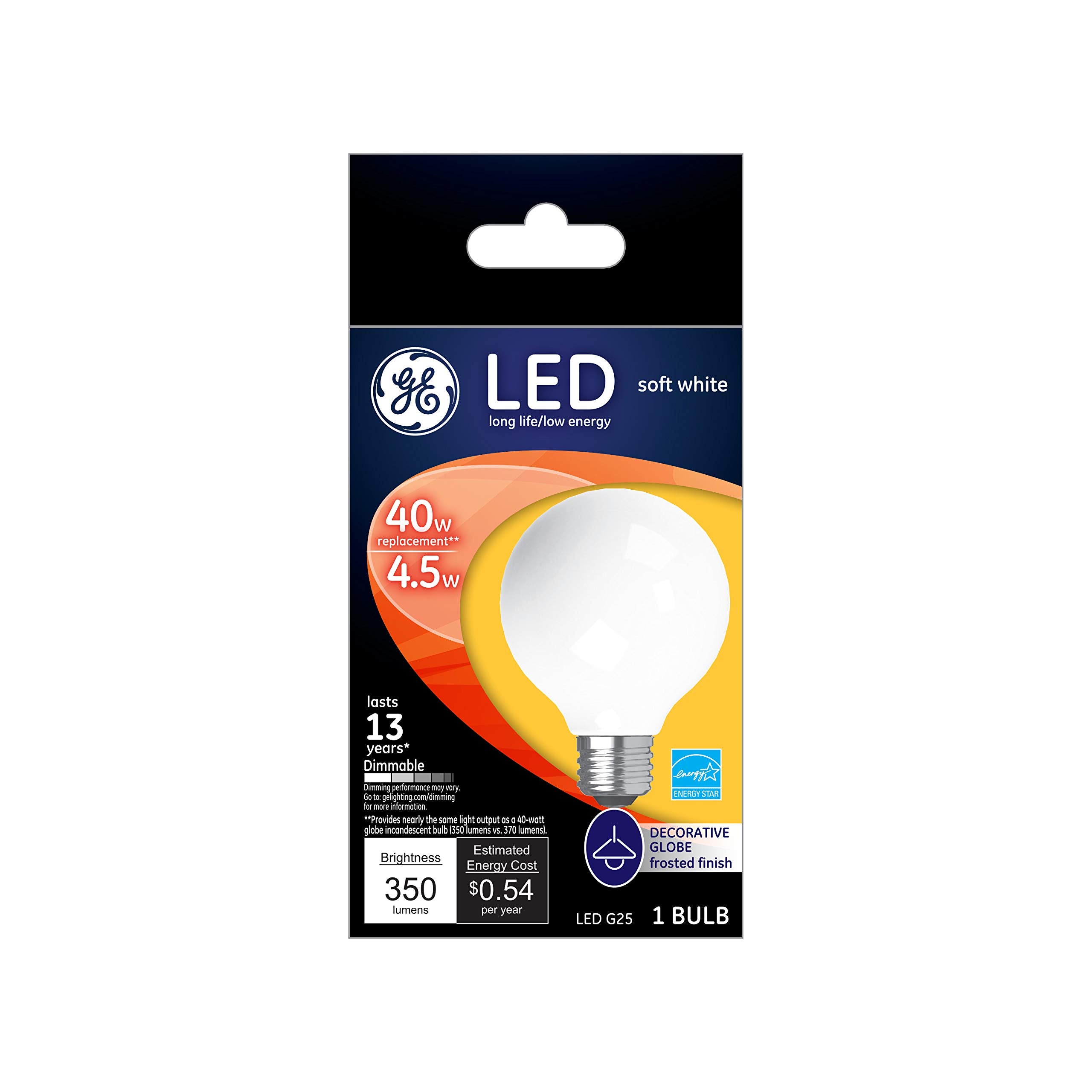 Ge Dimmable Led G25 Light Bulb, 40W Replacement, Frosted White, 350 Lumen, Glass, 1 Count, Energy-Star Rated, Model 25048
