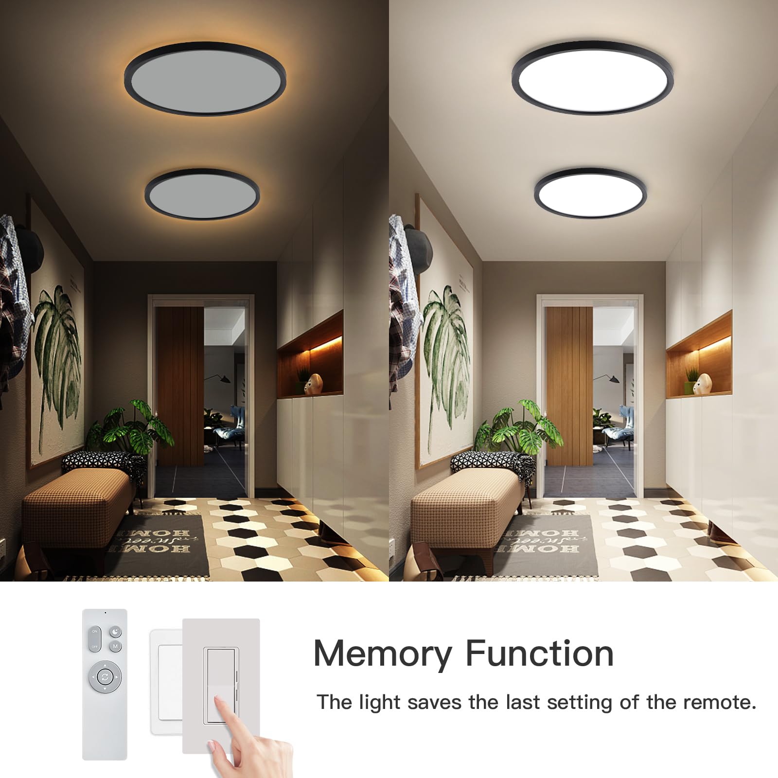 Roomratv Black Ceiling Light Fixture With Remote Control, With 3000K Warm Nightlight, 12Inch 24W Flush Mount Ceiling Light, 3 Li