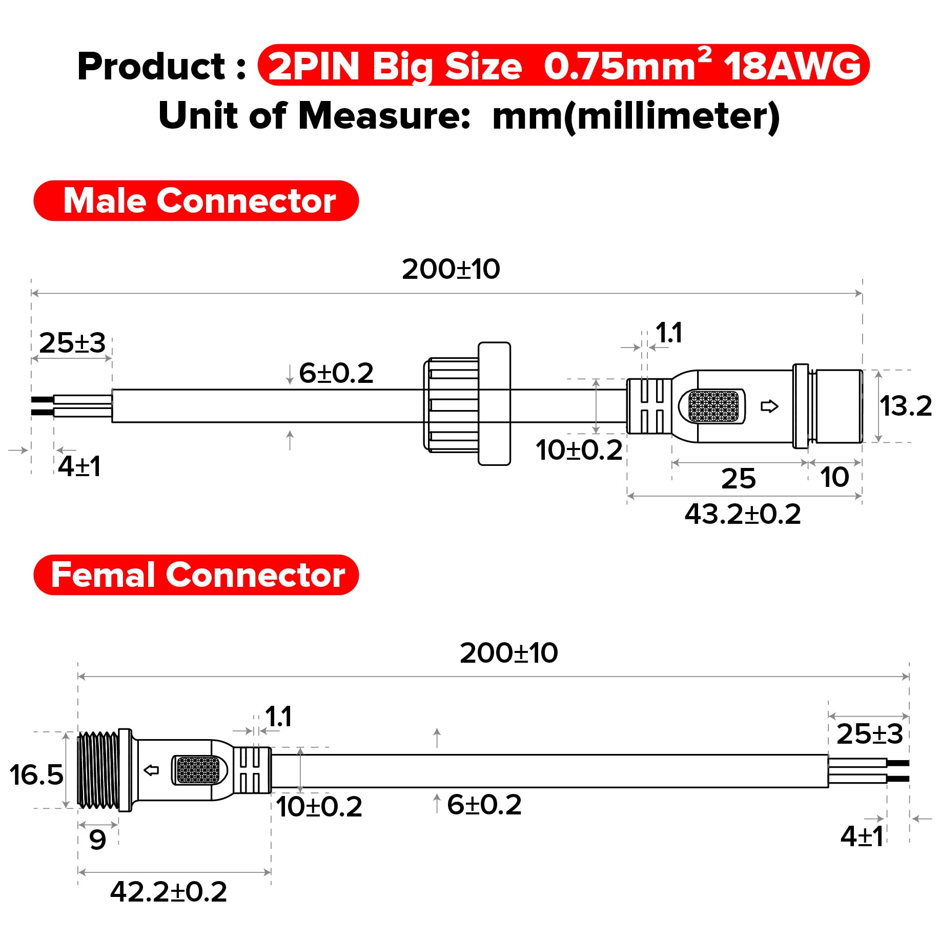 BTF-LIGHTING 2 Pin Electrical Connector IP65 Male Female 18AWG 20cm Extension Cable for Car Truck Boat LED Strip Lights Model WP2PINBB