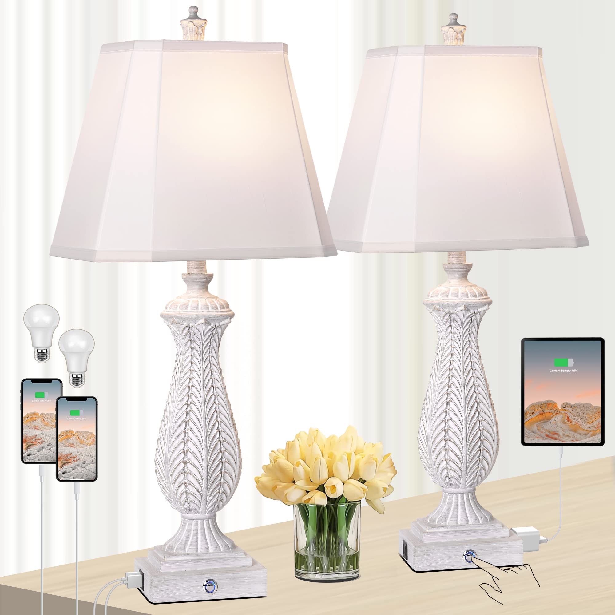 WIHTU 3-Way Dimmable Table Lamps Set of 2, 30in H, Washed White Resin, Touch Control, USB & Type-C Ports
