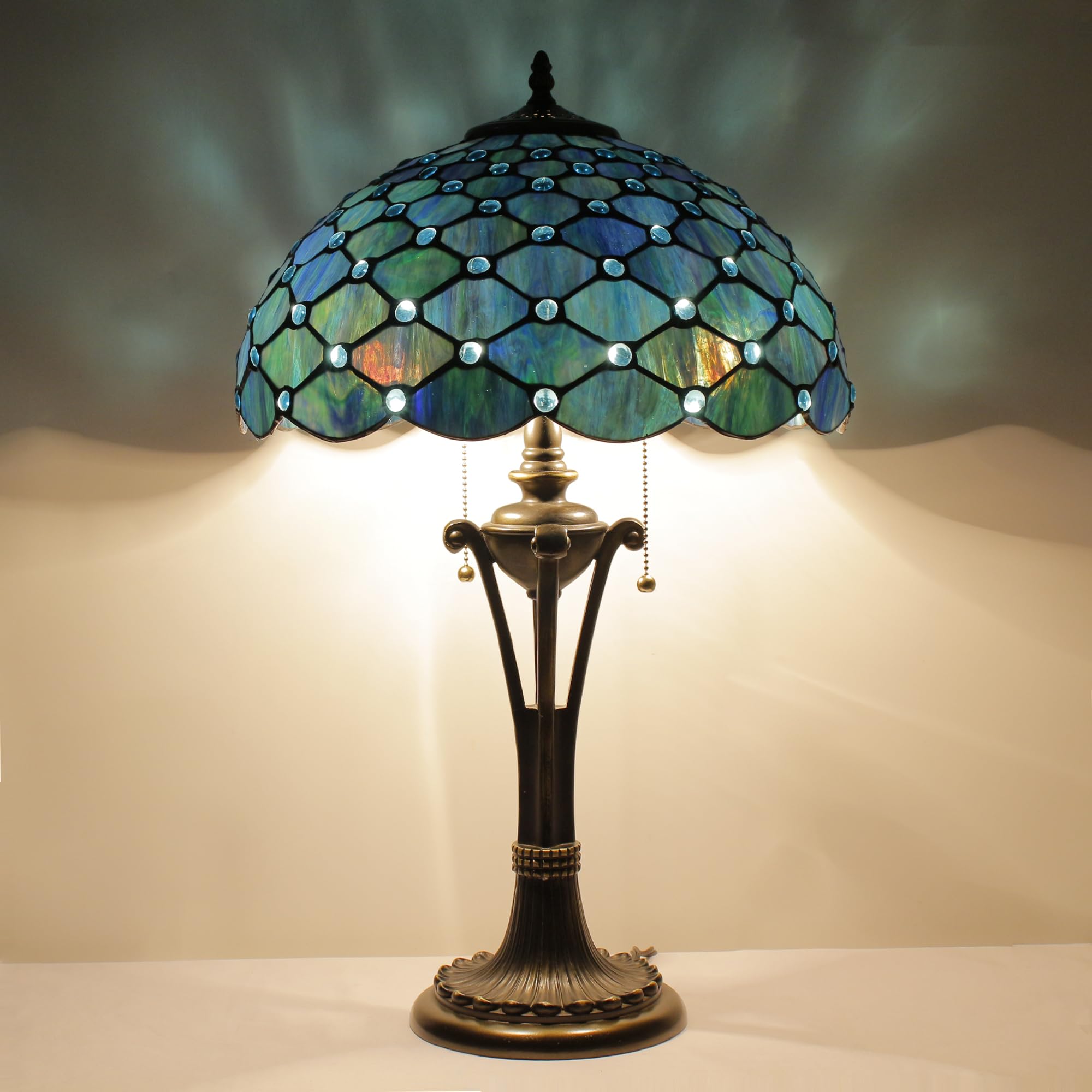 L-Juicwe Tiffany Table Lamp Sea Blue Pearl Stained Glass Desk Lamp 16X16X24 Inches Reading Light