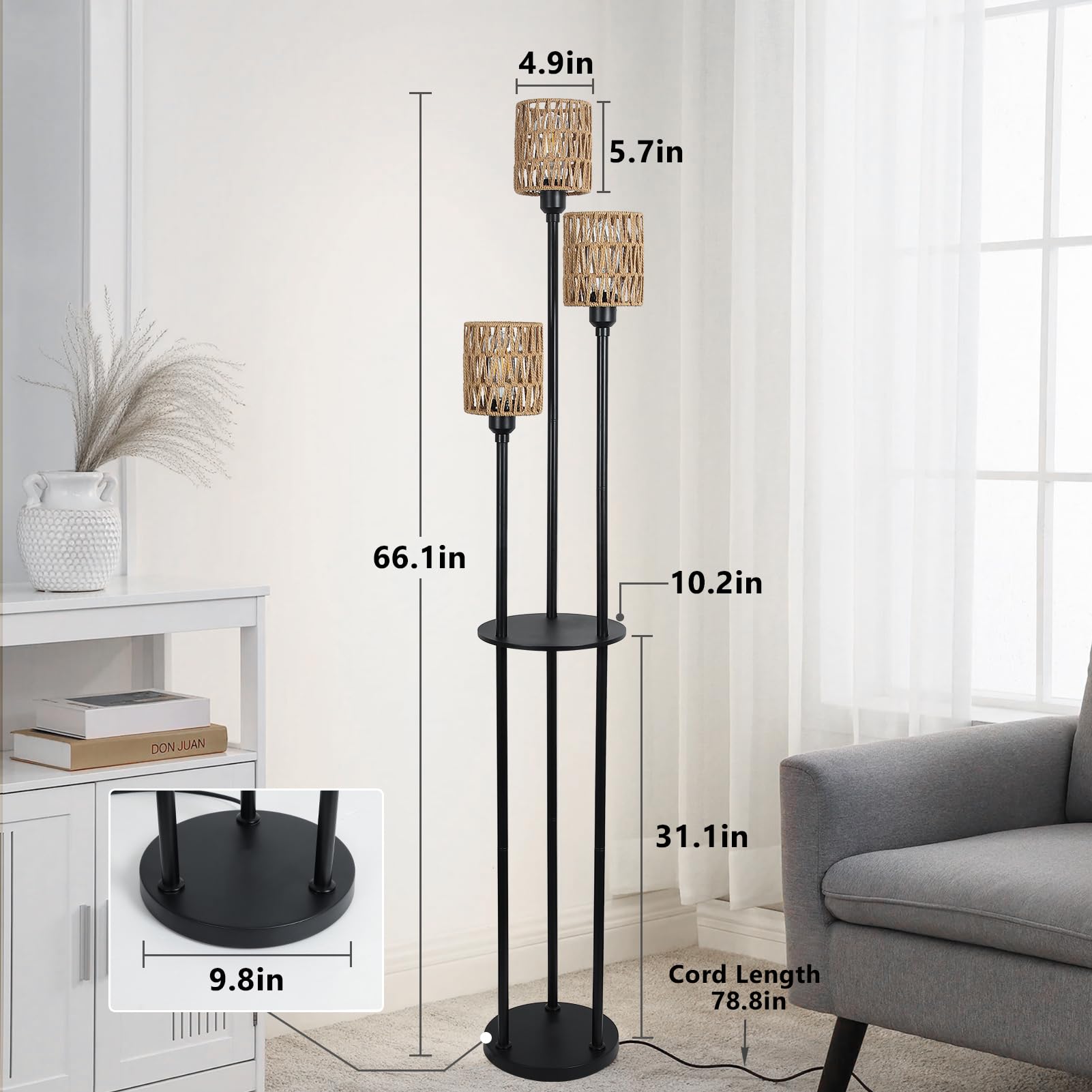 Stepeak Boho Floor Lamp - 3-Light Rustic Standing Lamp With Rattan Shades, Black - Model 221105A1 For Living Room, Bedroom, Office