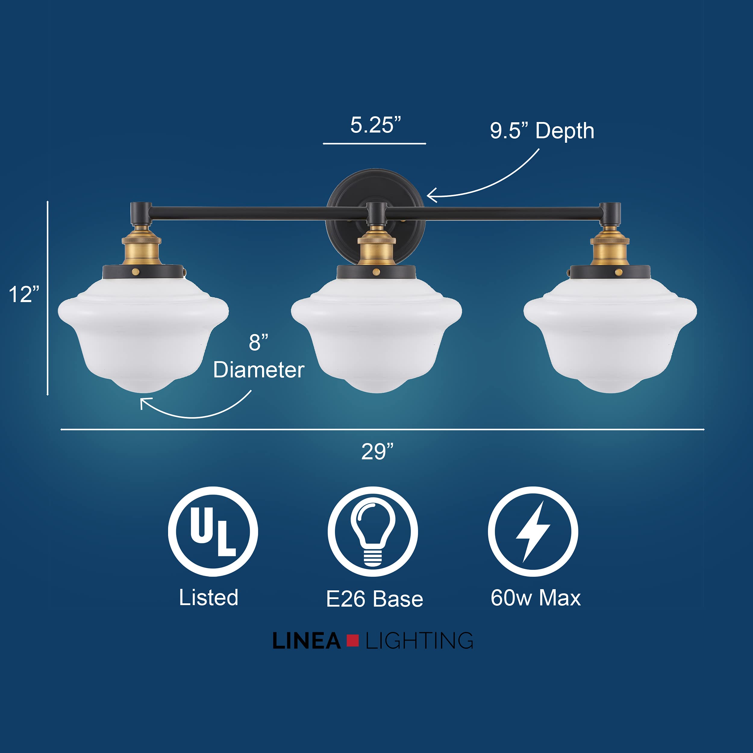 Linea di Liara 3-Light Bathroom Vanity Light Fixture, Antique Brass, Milk Glass Shades, Model LL-WL273-MILK-AB, UL Listed